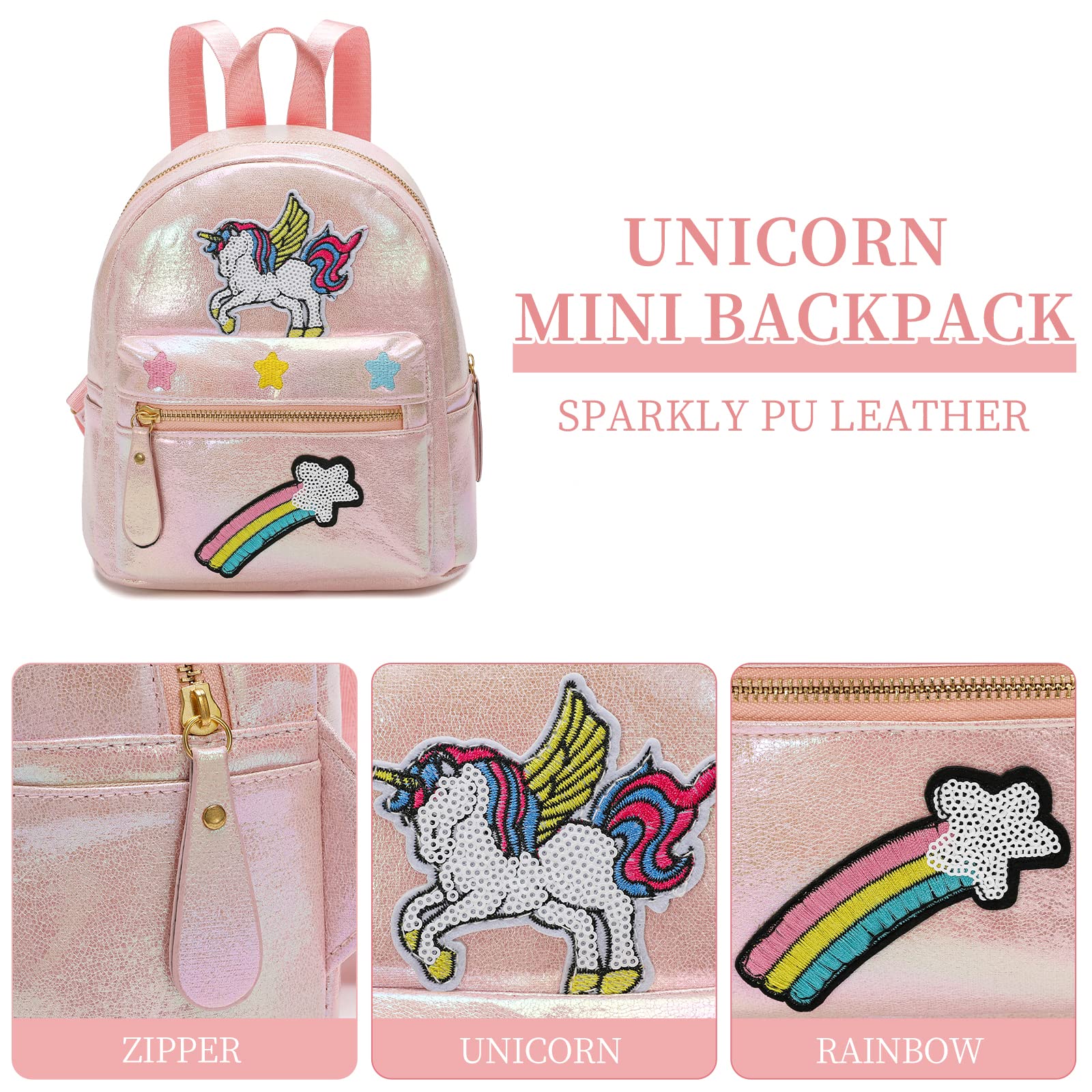 Unicorn Mini Backpack for Girls - Genuine Leather Small Backpack with Adjustable Straps, Light Pink - Perfect for School, Travel & Everyday Use
