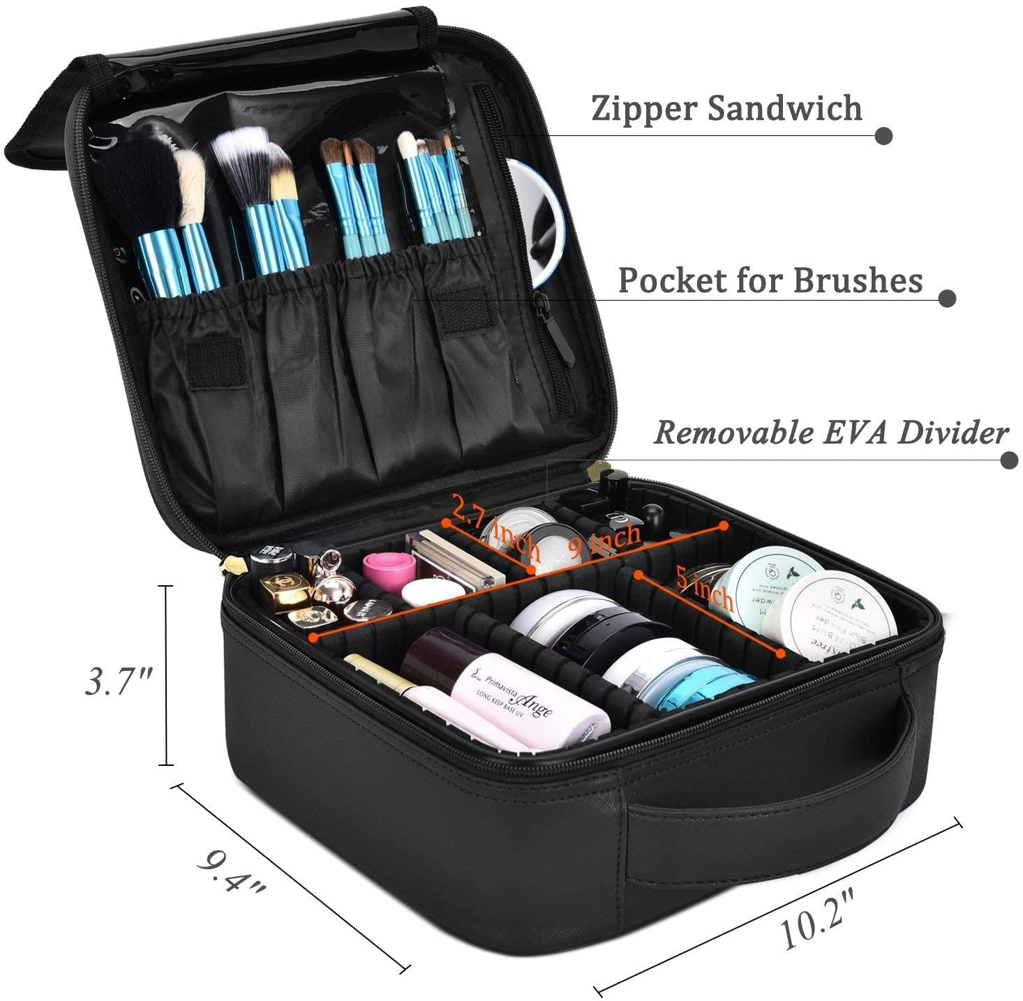 Portable Cosmetic Makeup Bag Organizer with Adjustable Compartments - Travel Makeup Case for Brushes, Hair Tools & Toiletries | Perfect for Women's Travel, Gym & Daily Use (Black)