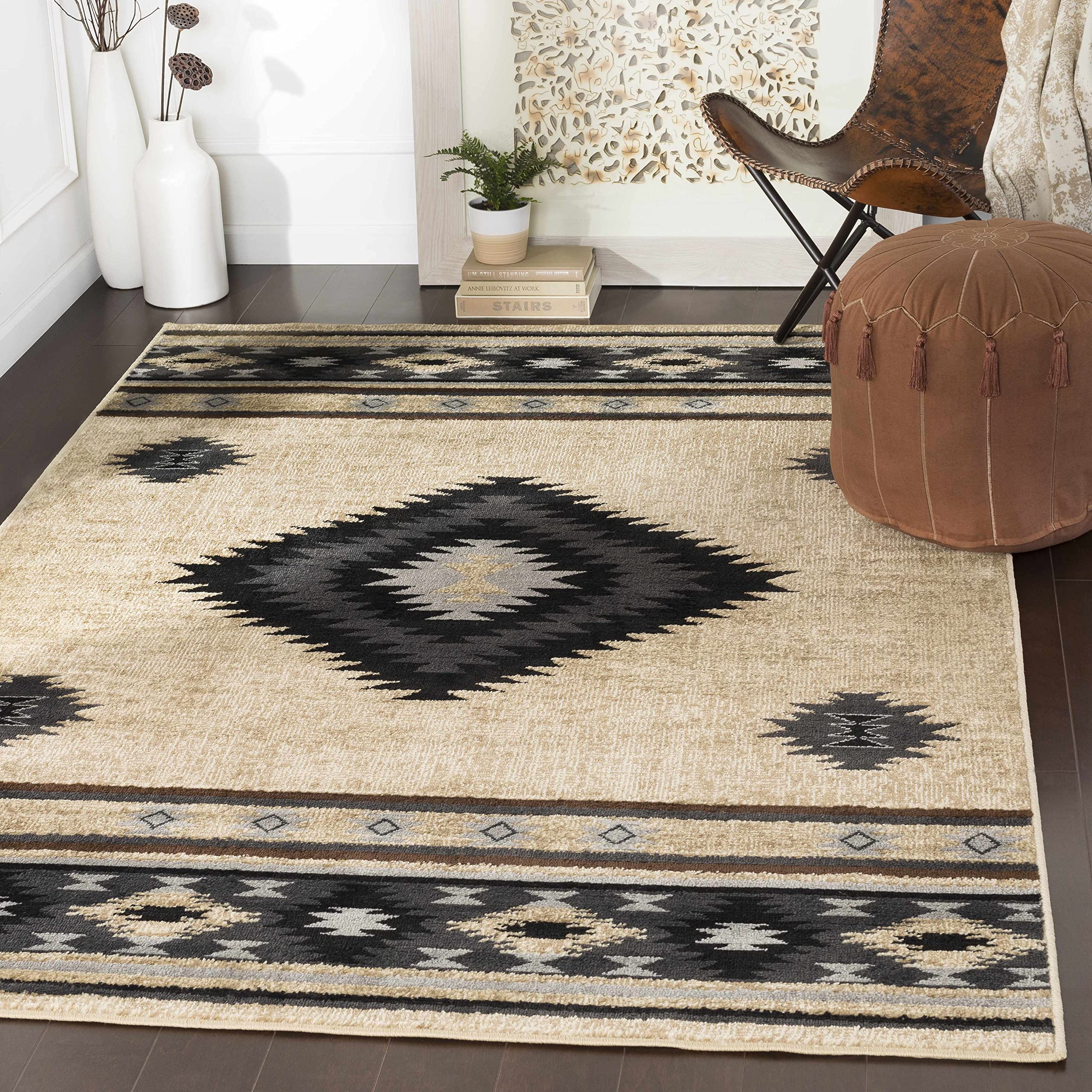 Hauteloom Hoylake Southwestern Tribal Aztec Area Rug - Native American Indian Indie Carpet - Brown, Gray, Black - 5'3