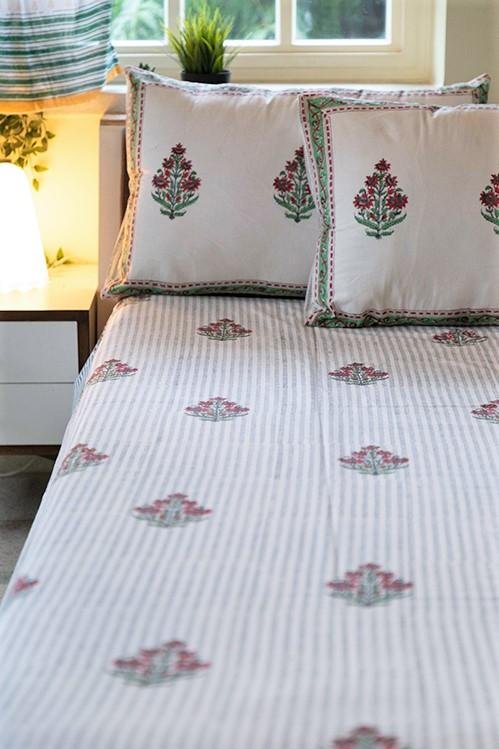 Sootisyahi 'Garden Climbers' Handblock Printed Cotton Bedsheet - Queen Size, 100% Organic Cotton, Floral Design Bed Sheets for Home Decor, Guest Room & Bohemian Style Bedroom