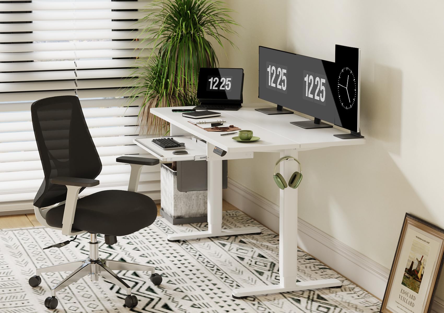 Claiks Electric Standing Desk with Keyboard Tray - 55x24 Inches Adjustable Height Sit Stand Desk for Home Office - Ergonomic Workstation with Splice Board (White) - Perfect for Remote Work, Gaming & Study Setup