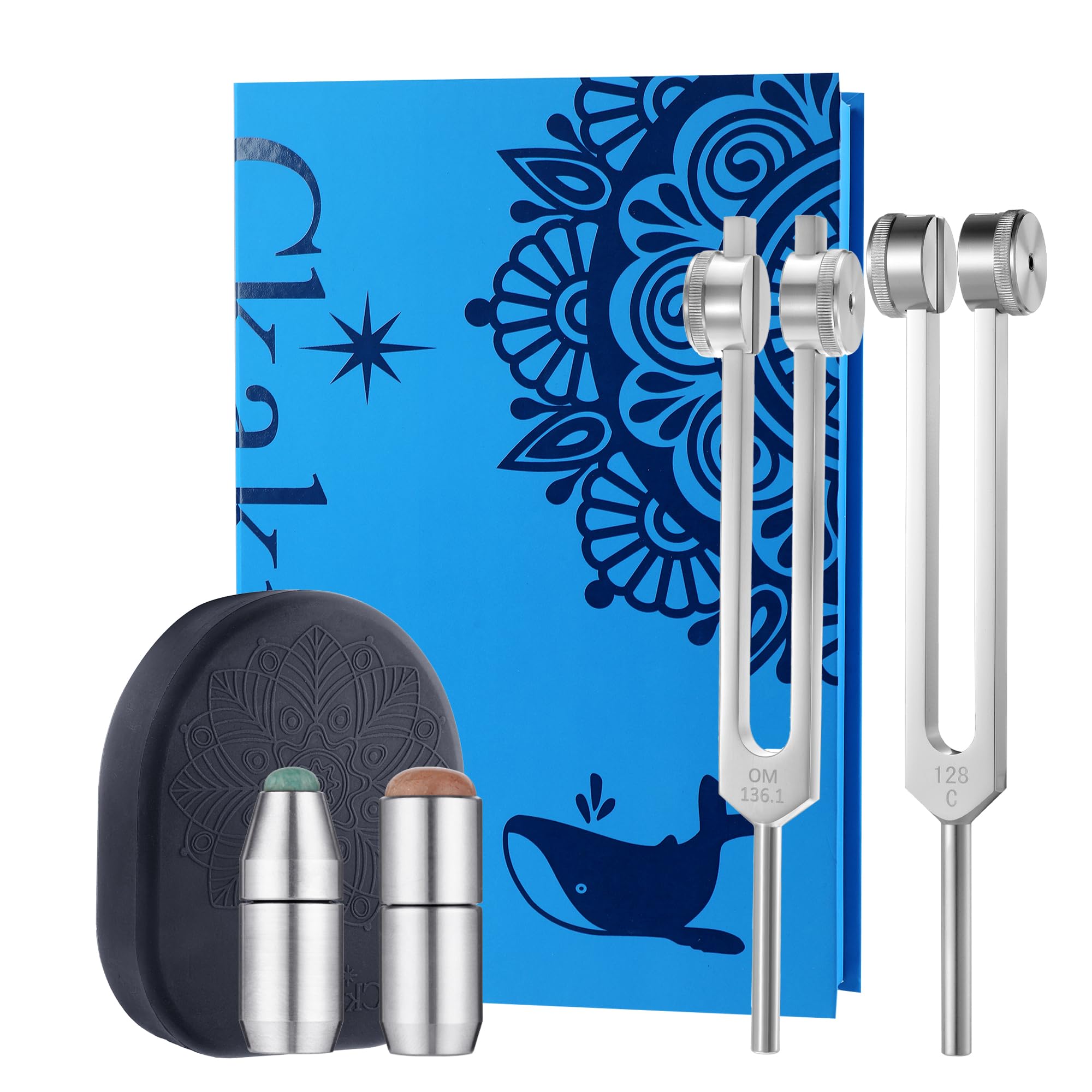 Weighted Tuning Forks Set of 2 with Natural Gemstone for Sound Therapy & Body Healing - OTTO128 & OM136.1 Frequency - Zen Meditation Tools with Silicone Activator - Perfect for Chakra Balancing, Stress Relief & Energy Healing