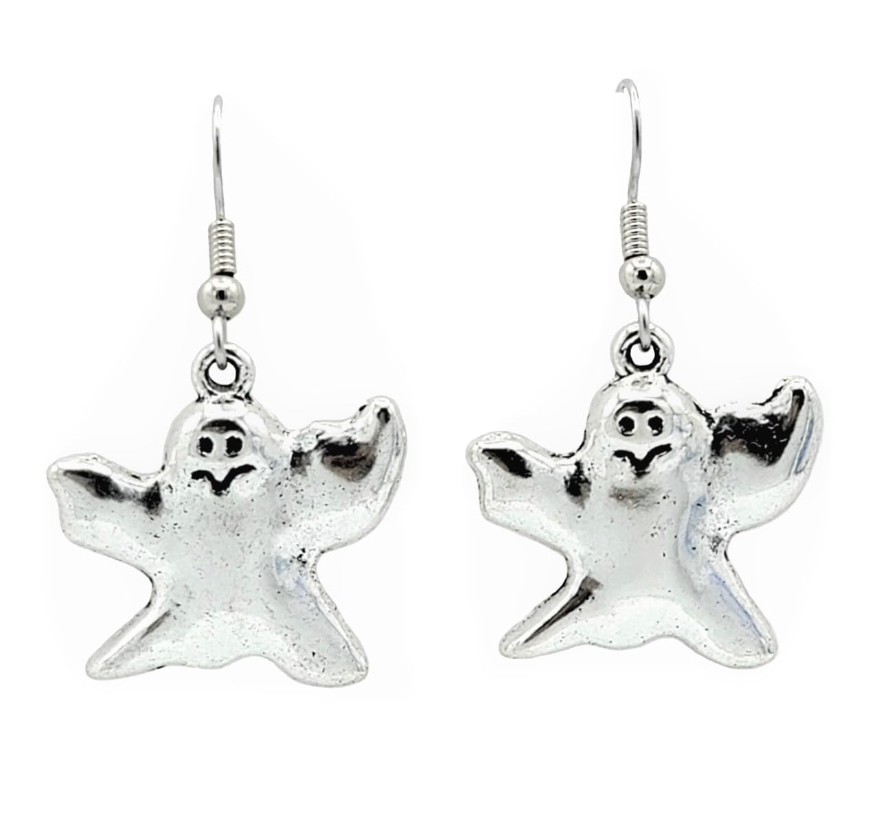 Ghost Charm Dangle Earrings - 23x24mm Silver Alloy Hypoallergenic Earrings with Fishhook & Ball Post Options | Gothic Jewelry for Halloween, Cosplay & Everyday Wear