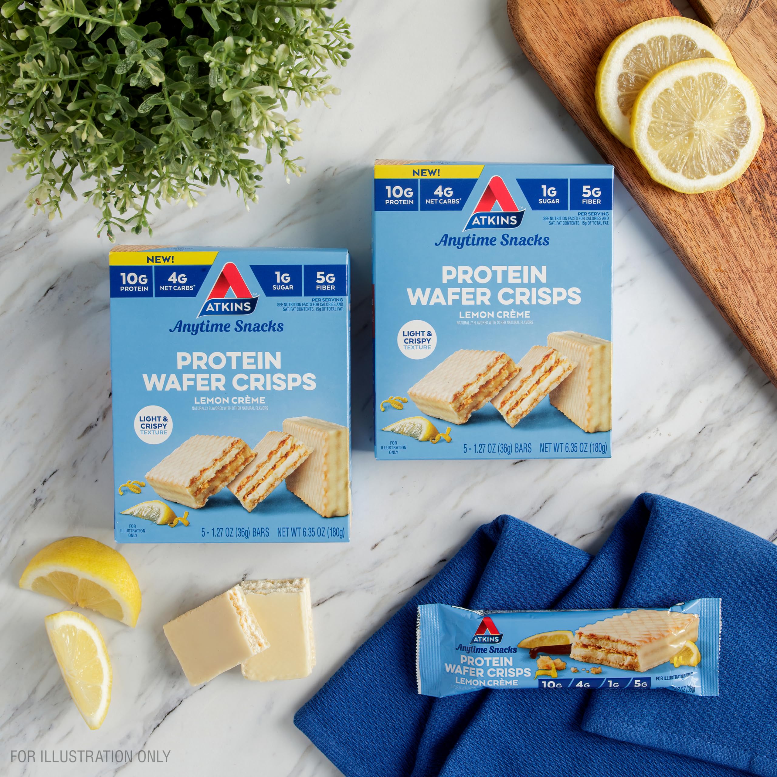 Atkins Lemon Wafer Crisps - High Protein Low Carb Keto Snack (5 Count) | 10g Protein, 4g Net Carbs, 1g Sugar | Perfect for Weight Loss, Keto Diet & On-the-Go Energy