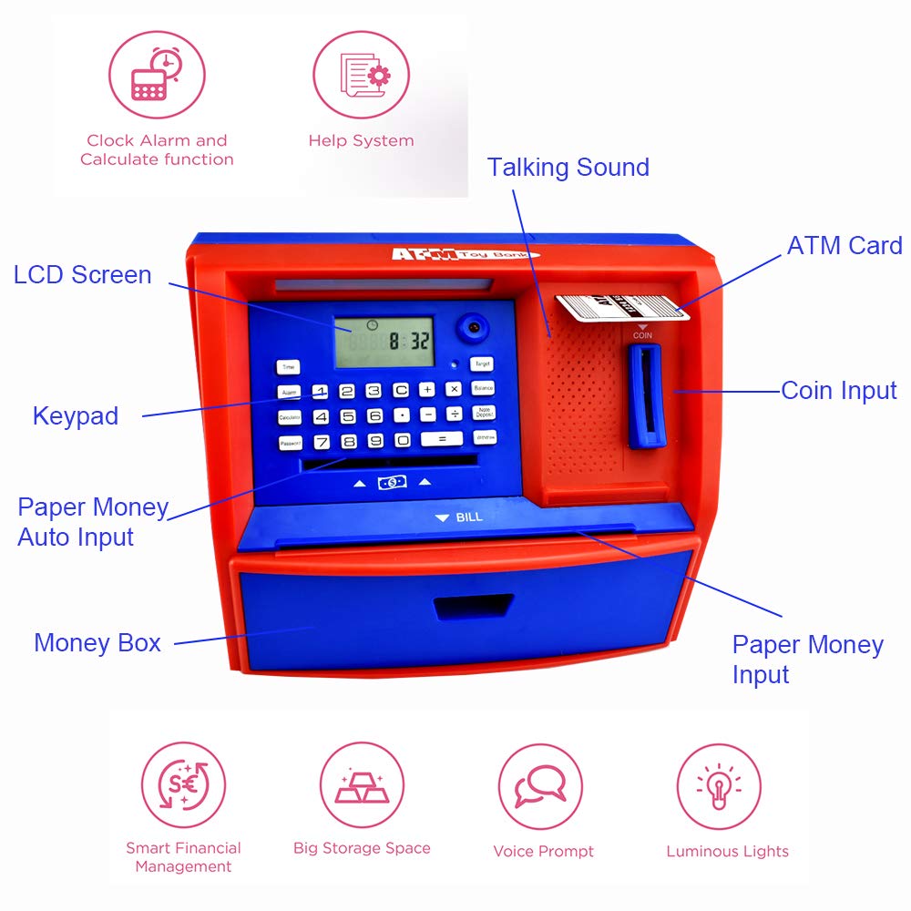 Digital ATM Piggy Bank for Kids - Talking Electronic Money Coin Bank with Savings Function, Fun Educational Gift for Boys & Girls (Red/Blue) - Perfect for Birthday Presents, Financial Learning & Playtime