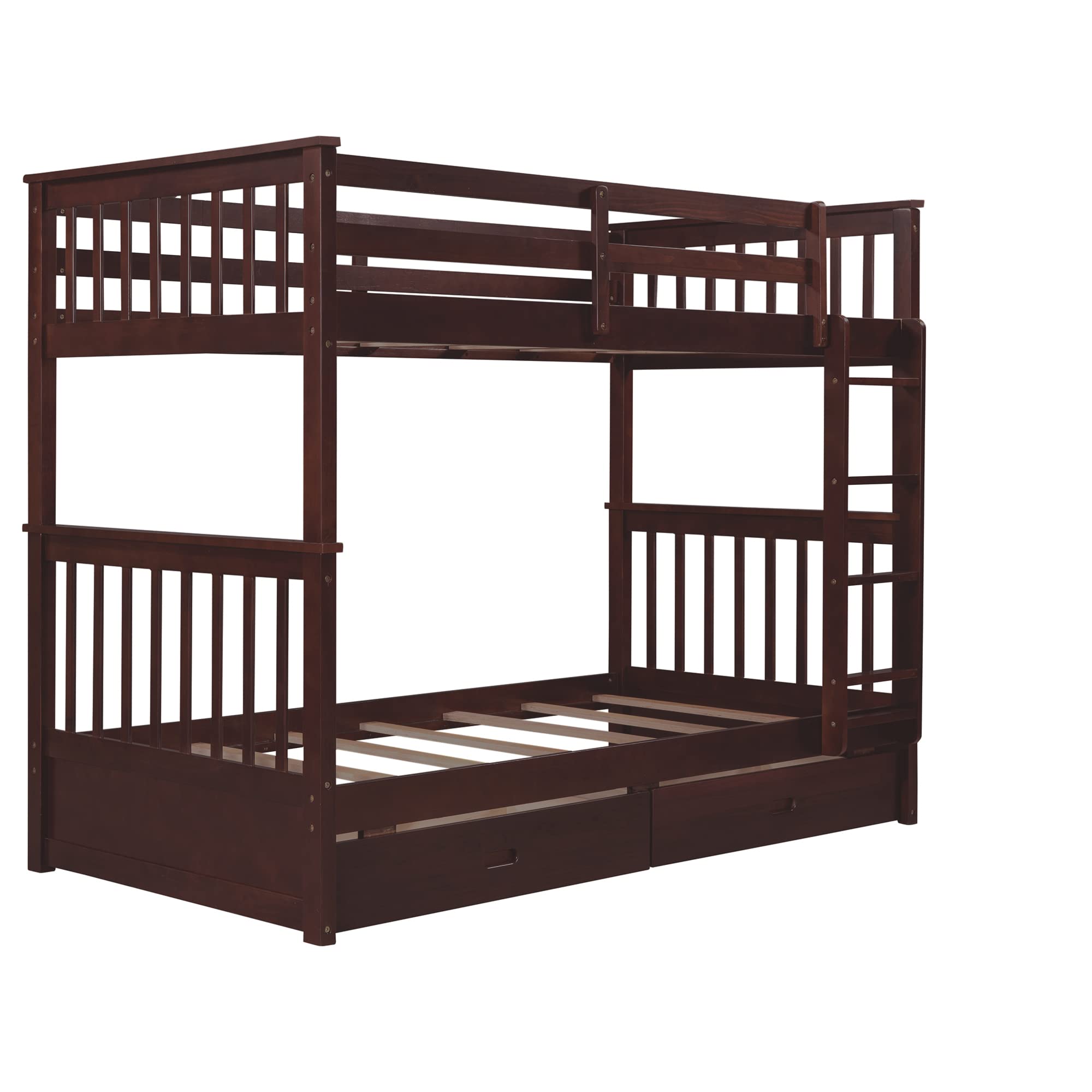 Twin Over Twin Bunk Bed with 2 Storage Drawers - Solid Wood Bunk Bed with Guardrail & Built-in Ladder - No Box Spring Needed - Kids Teens Adults Bunk Bed (Espresso) - Perfect for Small Bedrooms, Guest Rooms & Vacation Homes