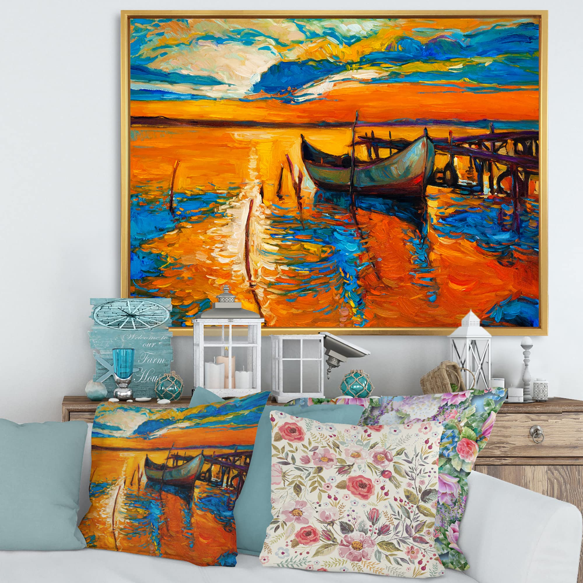 DesignQ Lake Sunset Boat Painting - Nautical & Coastal Framed Canvas Wall Art Print for Living Room, Bedroom, or Office Decor