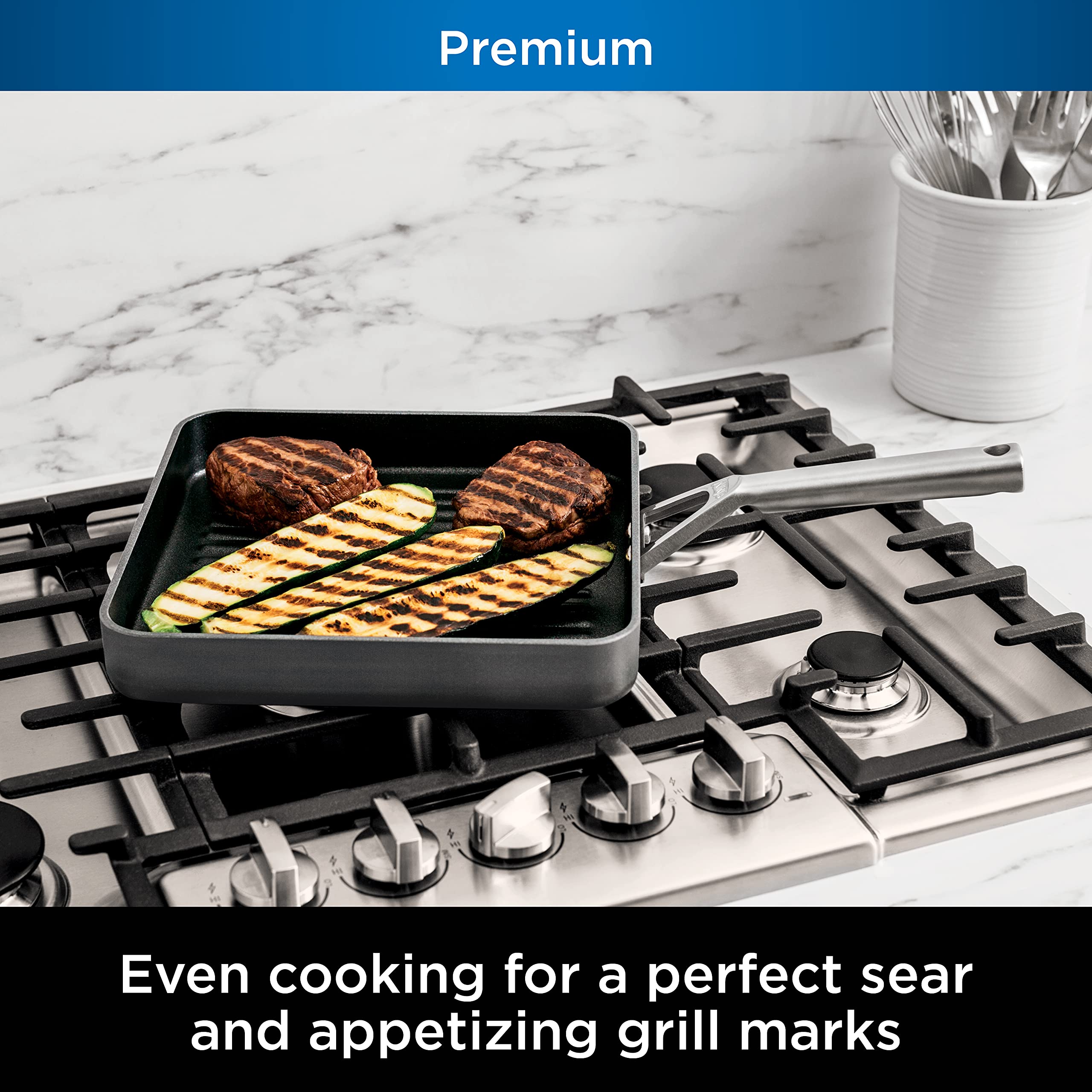 Ninja C30528 Foodi NeverStick Premium 11-Inch Square Grill Pan - Hard-Anodized, Nonstick Cookware, Oven Safe to 500°F, Durable Slate Grey - Perfect for Grilling Steaks, Burgers, and Vegetables Indoor or Outdoor Cooking