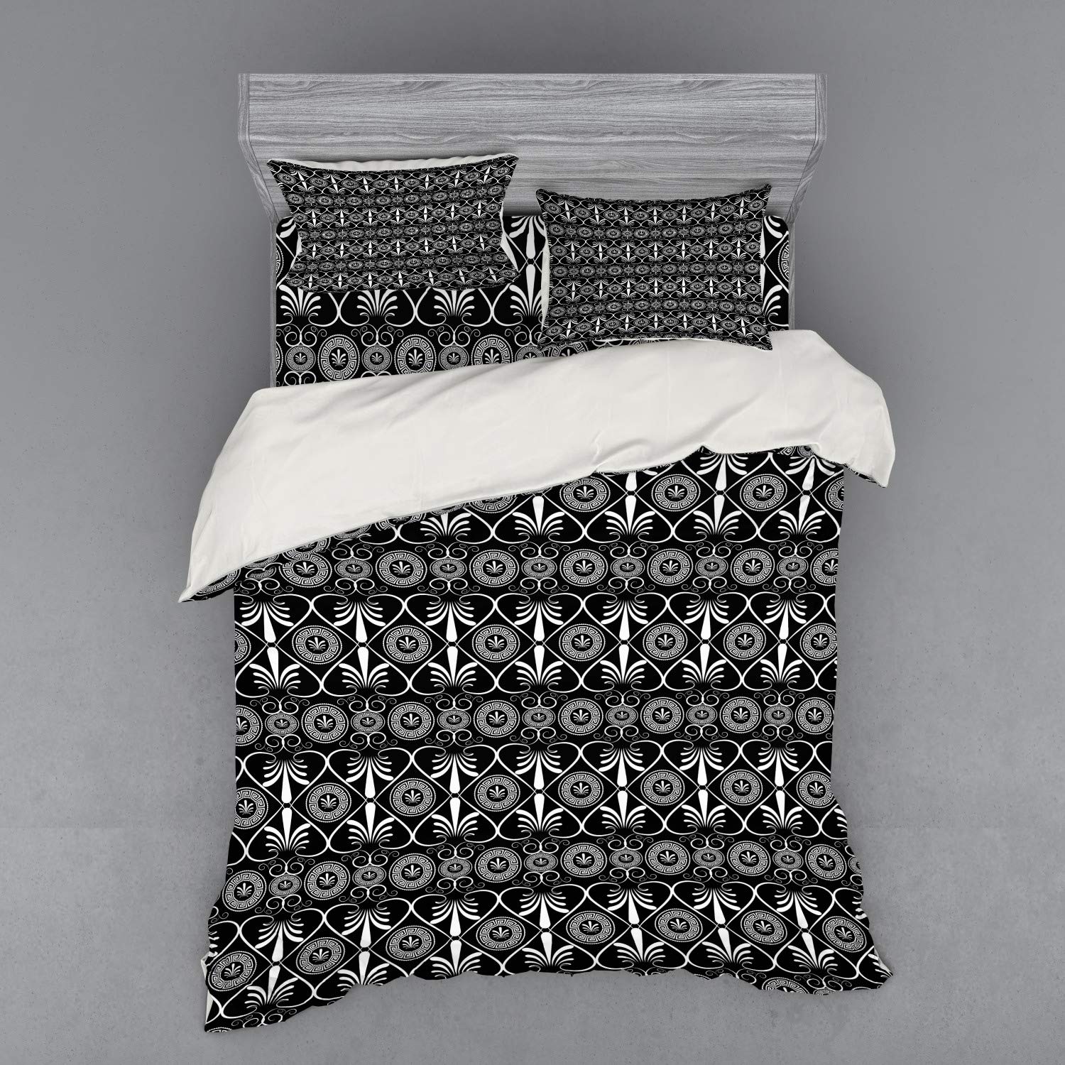 Luxury Medieval Bedding Set - Vintage Victorian Royal Greek Key Floral Baroque Duvet Cover 4pc Set with Shams & Fitted Sheet - California King Size in Grey Black White - Perfect for Gothic & Vintage Themed Bedrooms