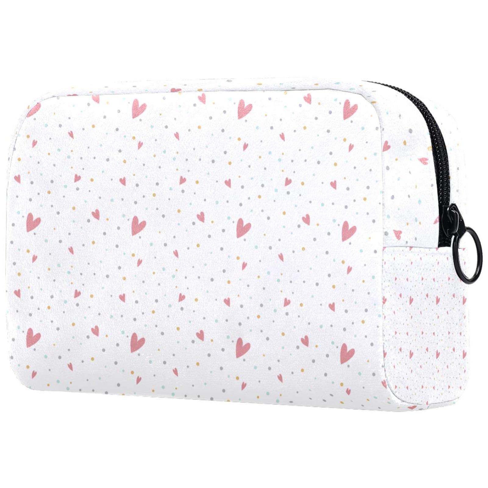 Hearts & Polka Dots Printed Cosmetic Bag - Portable Travel Makeup Pouch for Women | Waterproof Toiletry Organizer for Gym, Vacation & Daily Use