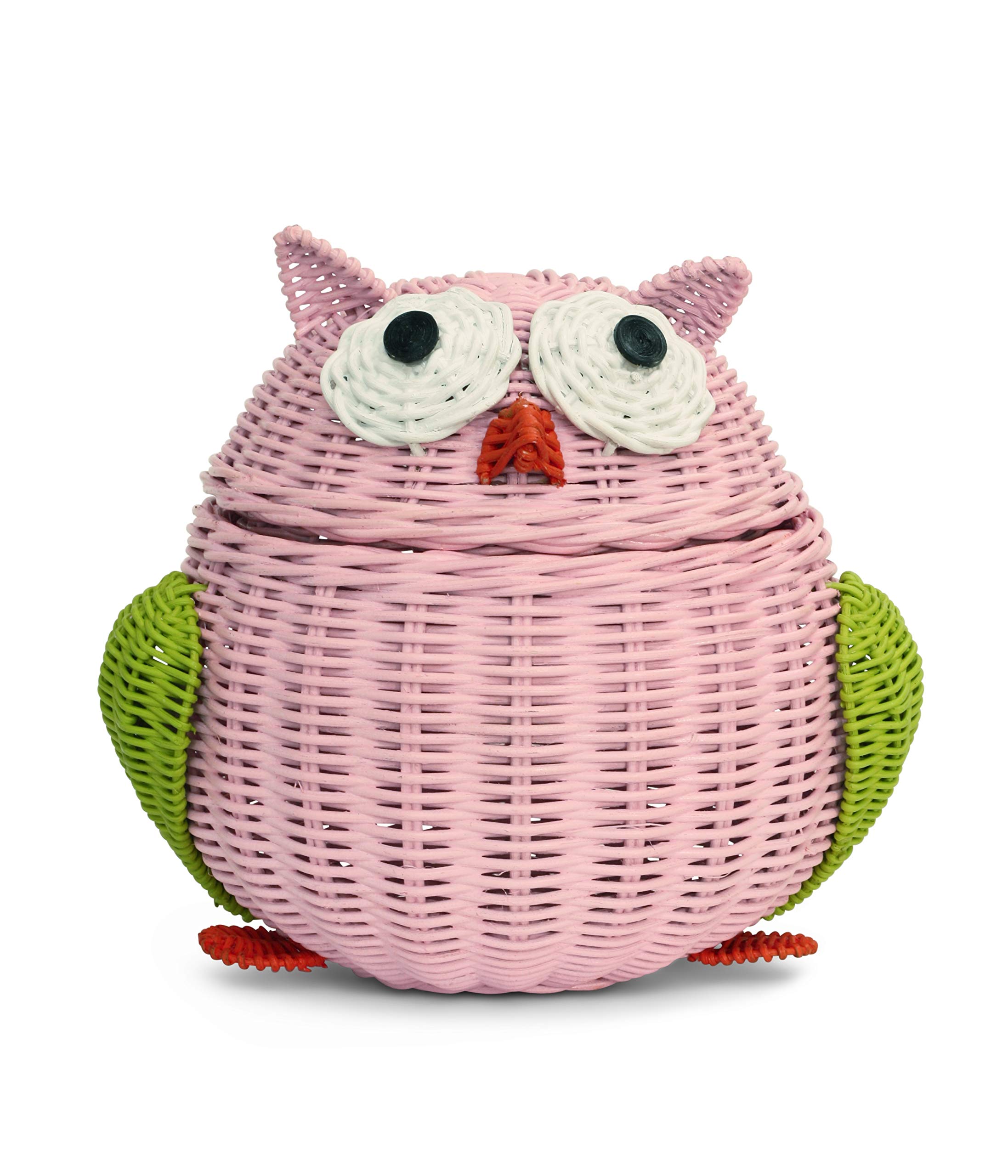 Owl Rattan Storage Basket with Lid - Hand Woven Decorative Bin for Home & Nursery Organization - Large Pink Wicker Hoot Owl Basket for Shelves, Baby Room Decor, and Gift Giving