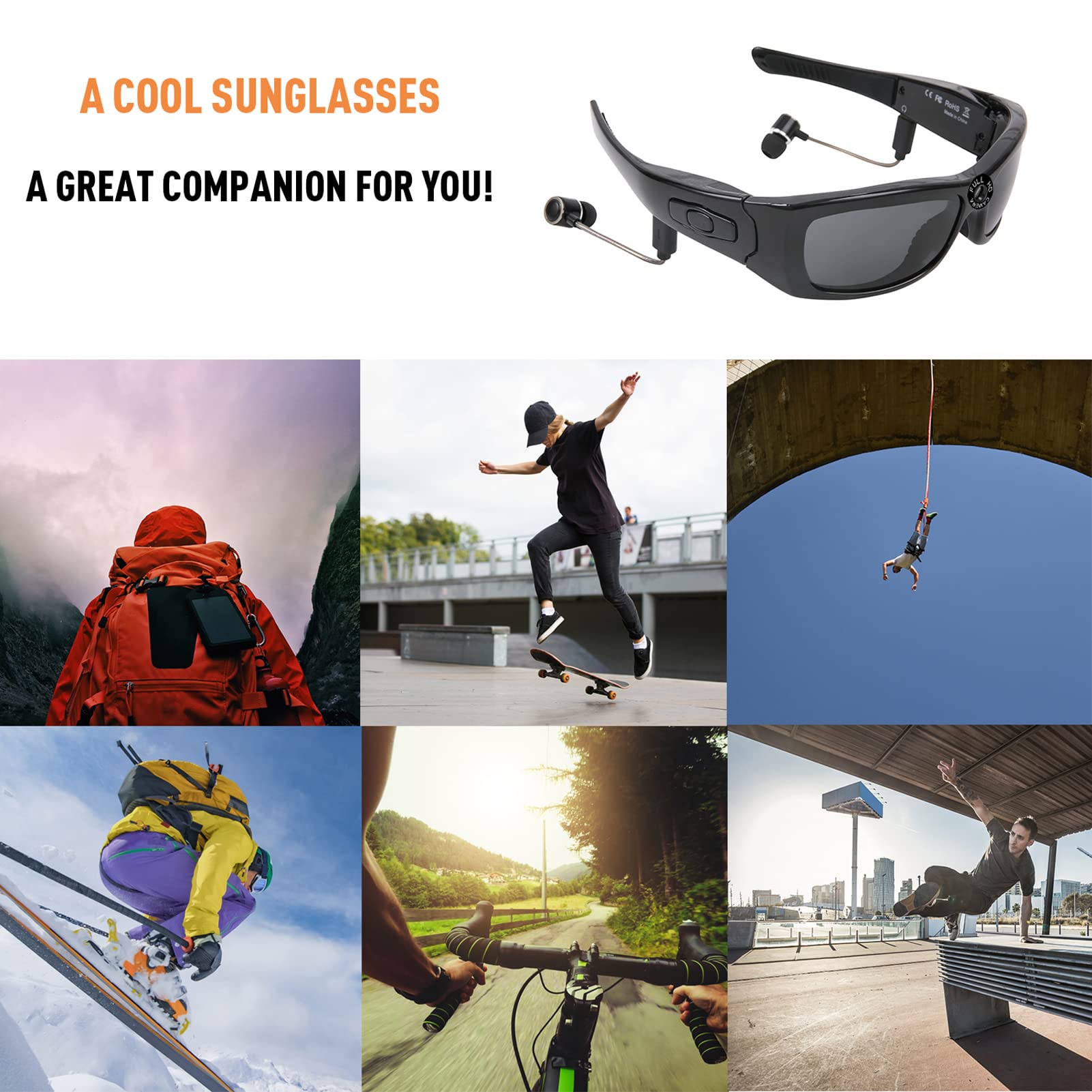 Bluetooth Sunglasses Camera with 1080P HD Video & Music - Polarized Lens Sports Action Camera for Driving, Cycling, Travel - Hands-Free Calling - Perfect for Outdoor Adventures, Vlogging & Daily Commute
