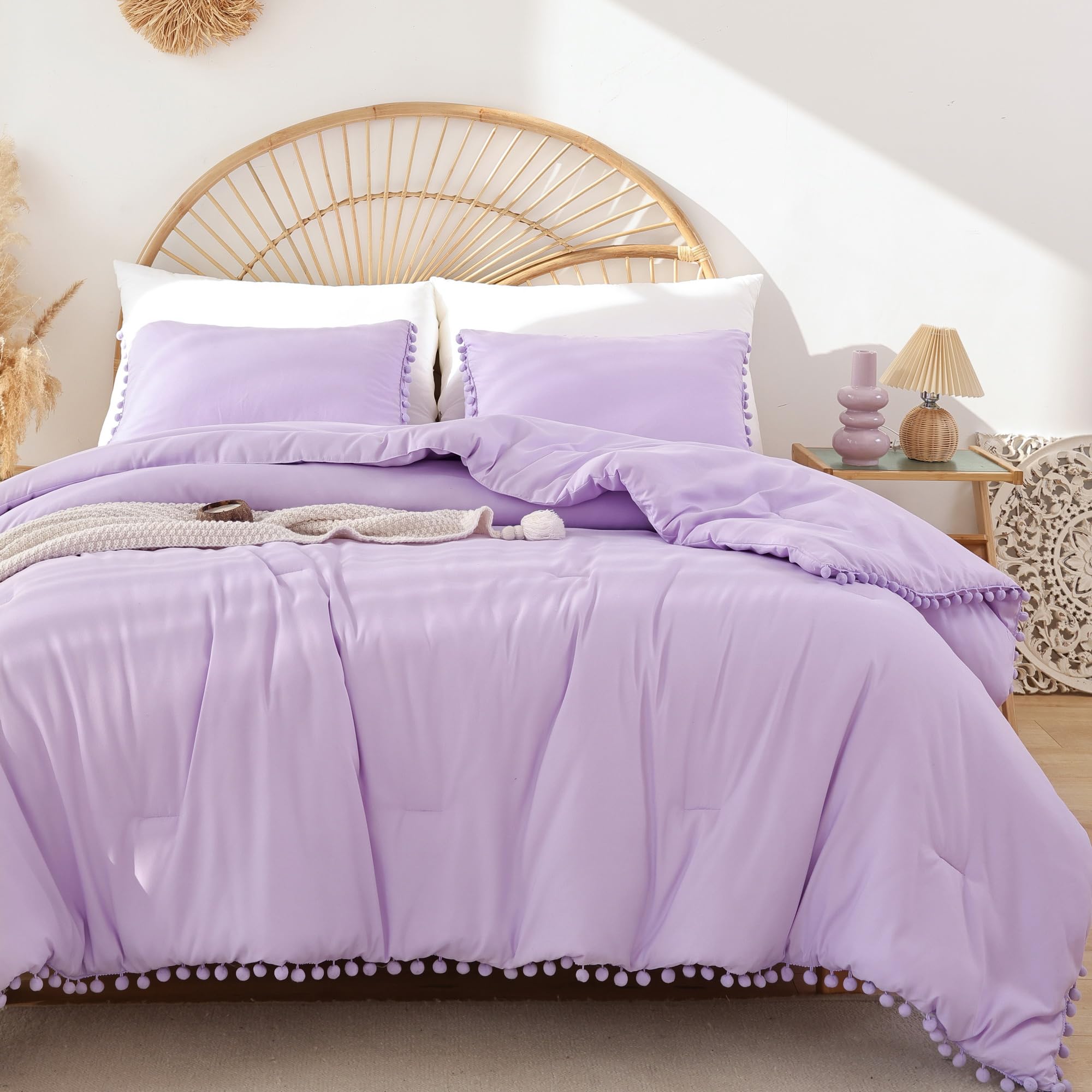 YIRDDEO Queen Comforter Set with Pom Fringe - 3 Piece Lavender Bedding for All Seasons - Perfect for Master Bedroom Decor