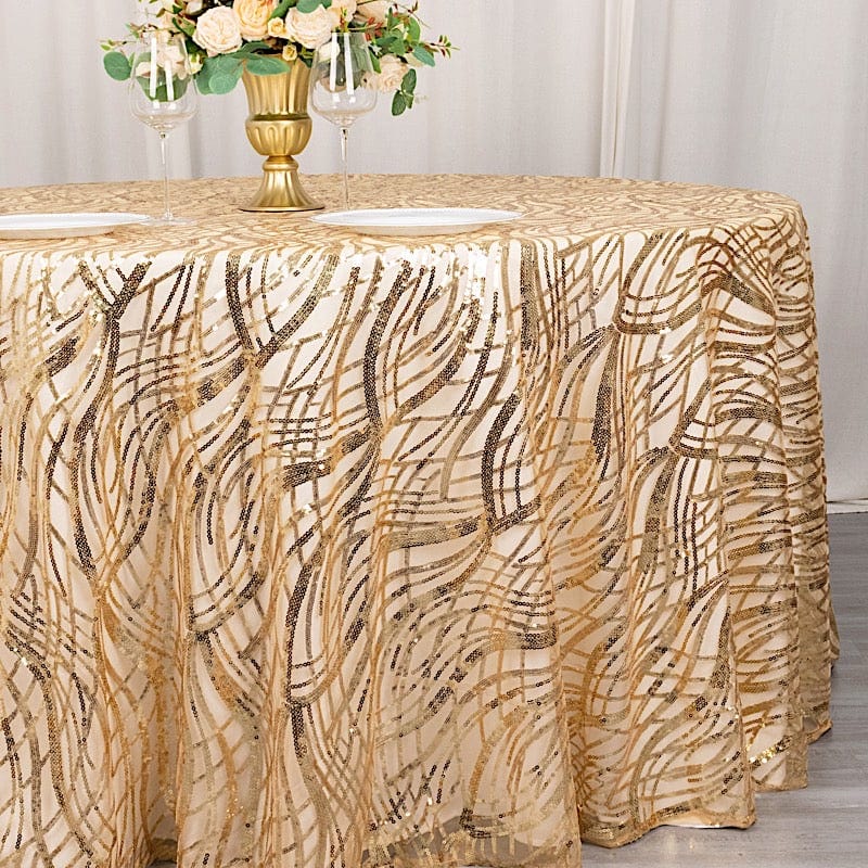 120 Mesh Round Tablecloth with Wavy Embroidered Sequins - Elegant Party Decor for Weddings, Banquets & Special Events