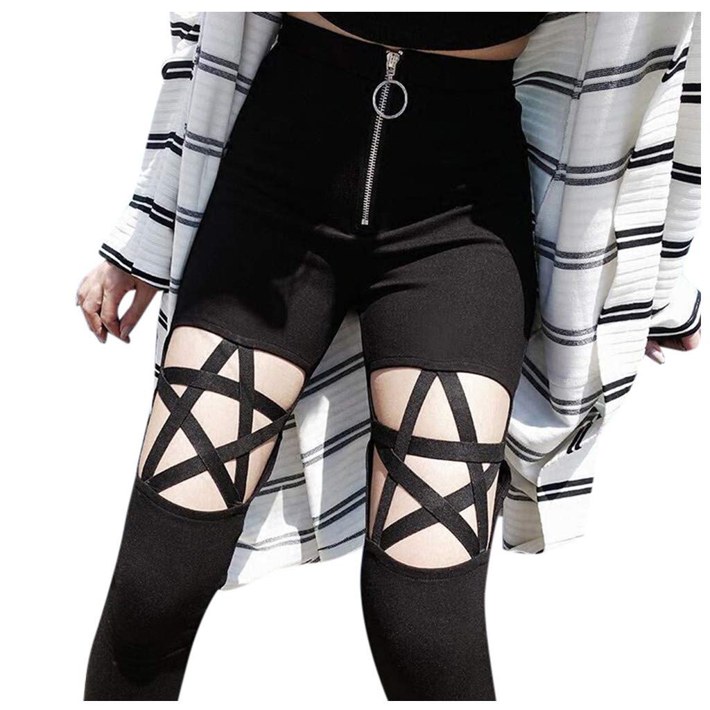 Gothic Punk Leggings for Women - High Waist Hollow Five-Pointed Zipper Design | Punk Fashion, Casual Summer Wear | Perfect for Concerts, Rave Parties & Alternative Street Style | Great for Music Festivals, Nightclubs and Gothic Outfits