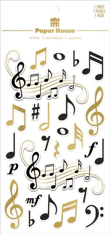 Paper House Productions Die-Cut Dimensional & Foil Accent Scrapbook Sticker Sheet - Musical Notes & Clefs | Perfect for DIY Scrapbooking, Journaling, and Card Making
