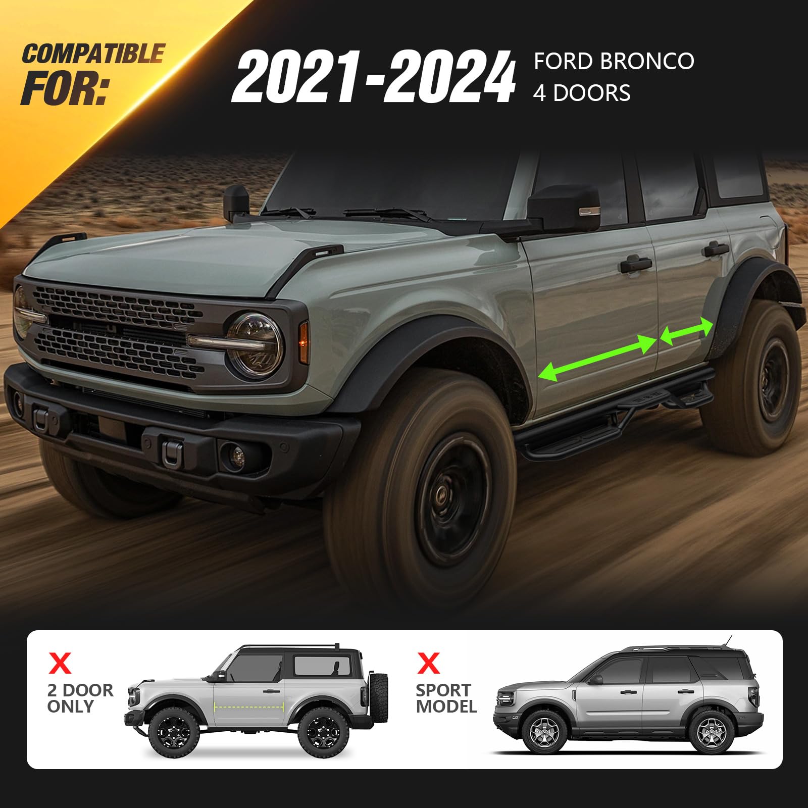 Heavy-Duty Running Boards Side Steps for 2021-2025 Ford Bronco 4 Door (Excluding Sport Model) - 2-Step Design Nerf Bars with Anti-Slip Step Plates & Rock Slider Rails | Perfect for Off-Roading, Camping & Daily Use