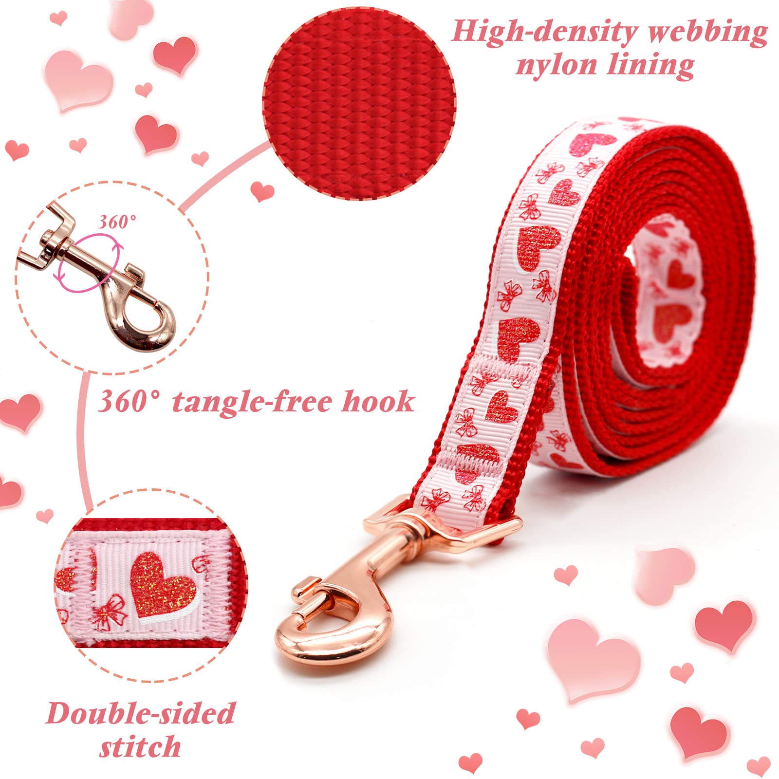 Valentine's Day Dog Collar & Leash Set - Adjustable Pink Glitter Collar with Red Heart Pattern, Matching Leash for Small Dogs | Perfect Valentine's Gift for Puppies, Dog Walking & Special Occasions