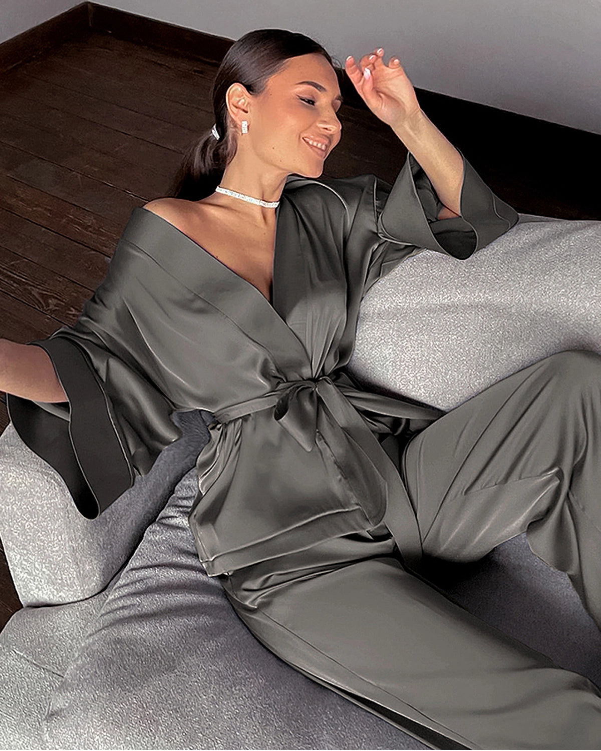 Luxury Classic Silk Robe and Pajama Pants Set for Women - Elegant Loungewear for Home Relaxation & Bridal Nightwear
