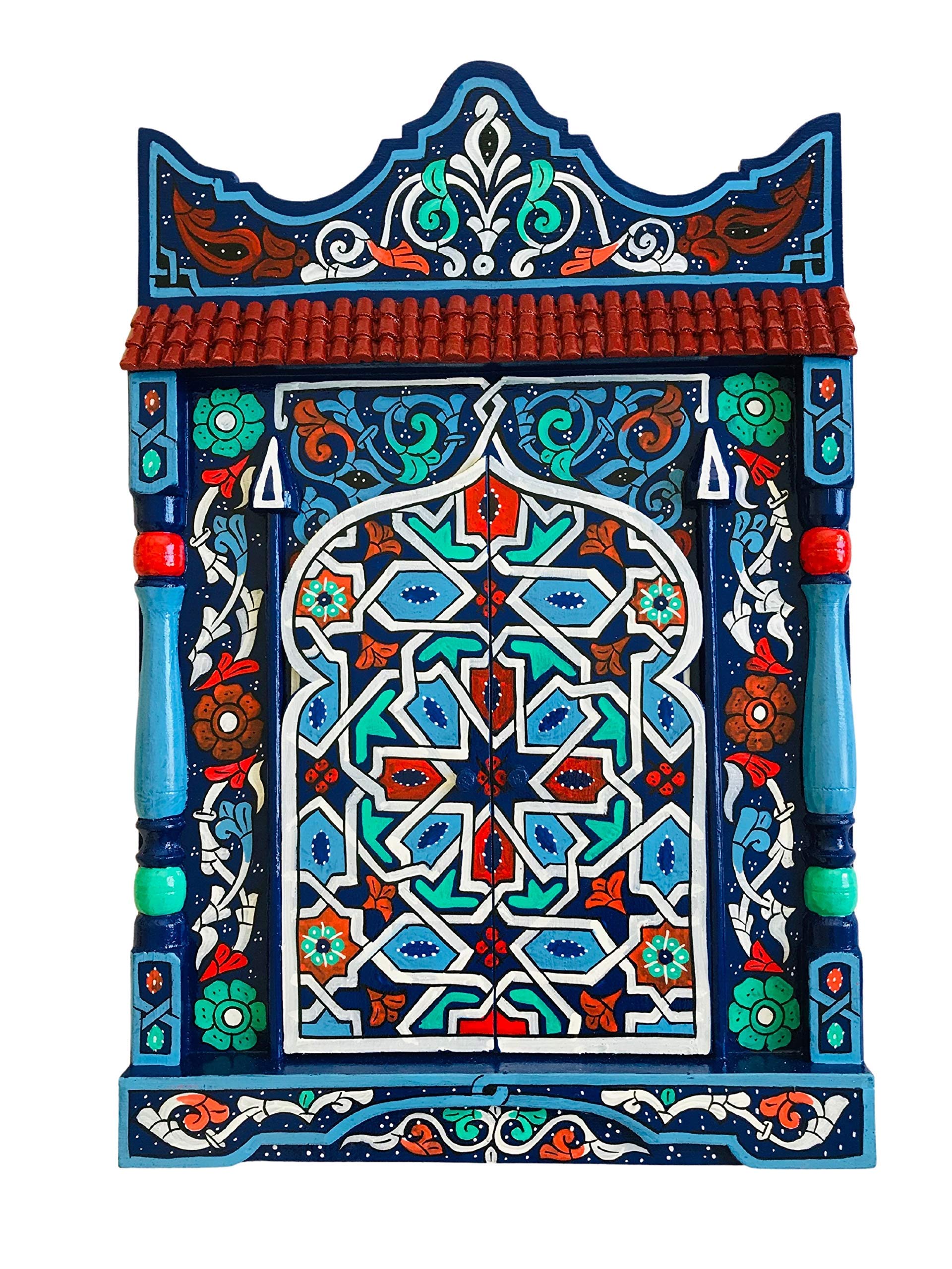 Hand-Painted Moroccan Wooden Shelf & Rustic Red Hanging Mirror Frame - Farmhouse Wall Art Decor for Living Room, Bedroom & Entryway (Blue)