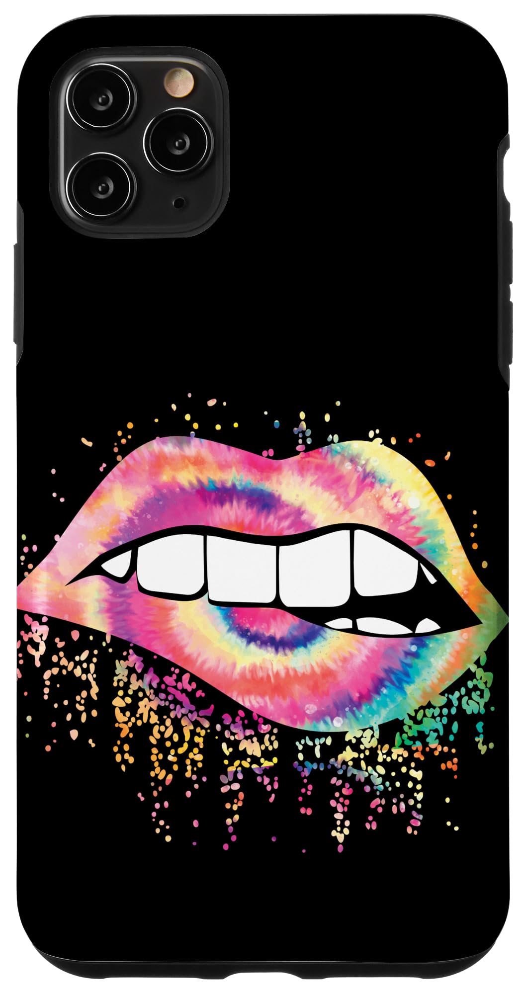 iPhone 11 Pro Max Case - Tie Dye Biting Lips Design with Rainbow Dripping Effect, Trendy Hippie Style Protective Phone Cover - Perfect for Music Festivals, Rave Parties & Boho Fashion Accessories