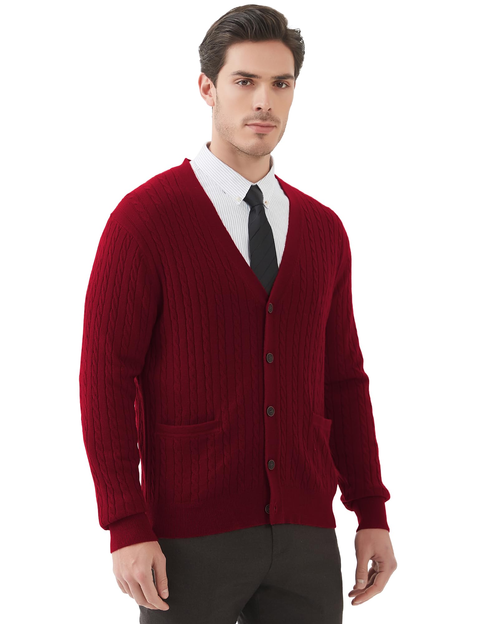 Kallspin Men's Wool Blend Cable Knit V-Neck Cardigan Sweater with Buttons & Pockets | Warm Winter Pullover for Office, Casual Outfits & Date Nights