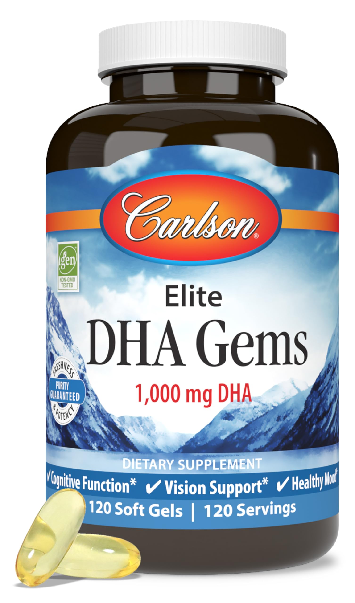 Carlson Elite DHA Gems - 1000mg Wild Caught Omega-3 Fish Oil Softgels for Brain Function & Eye Health, Sustainably Sourced, 120 Count - Supports Memory, Focus & Healthy Vision for Adults & Kids