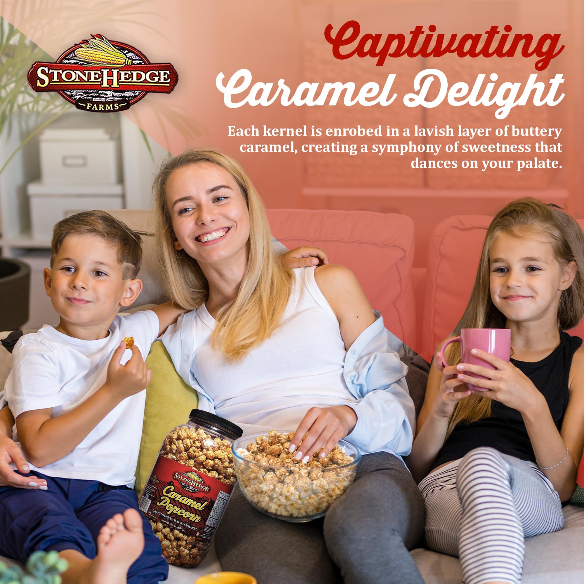 Stonehedge Farms Caramel Flavored Popcorn - 32 oz Large Tub | Gourmet Sweet & Crunchy Snack | Made in USA | Perfect for Movie Nights, Parties & Holiday Gifts