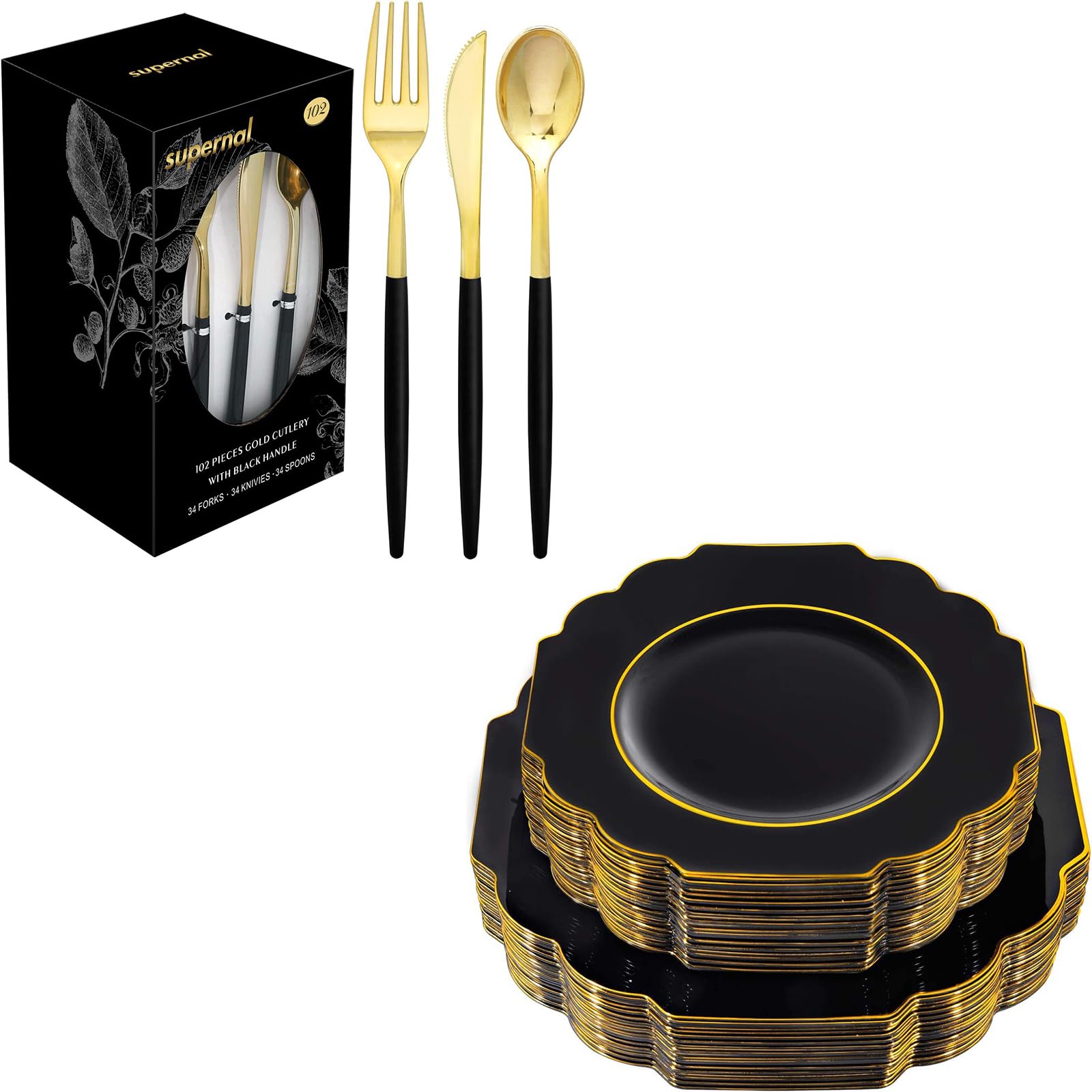 Supernal 34-Piece Gold Plastic Silverware Set with Black Handles - Includes 30 Gold-Rimmed Black Dinner Plates & 30 Appetizer Plates - Elegant Disposable Cutlery for Parties, Weddings, Birthdays & Formal Events