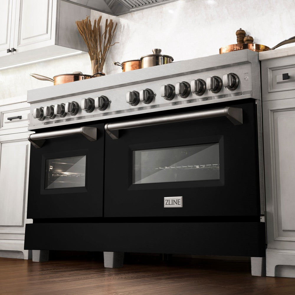 ZLINE 60-inch 7.4 cu.ft Dual Fuel Range - 9 Burner Gas Cooktop & 2 Electric Convection Ovens - Satin Stainless Steel with Black Matte Doors (RAS BLM 60) - Perfect for Professional Home Chefs & Modern Kitchens
