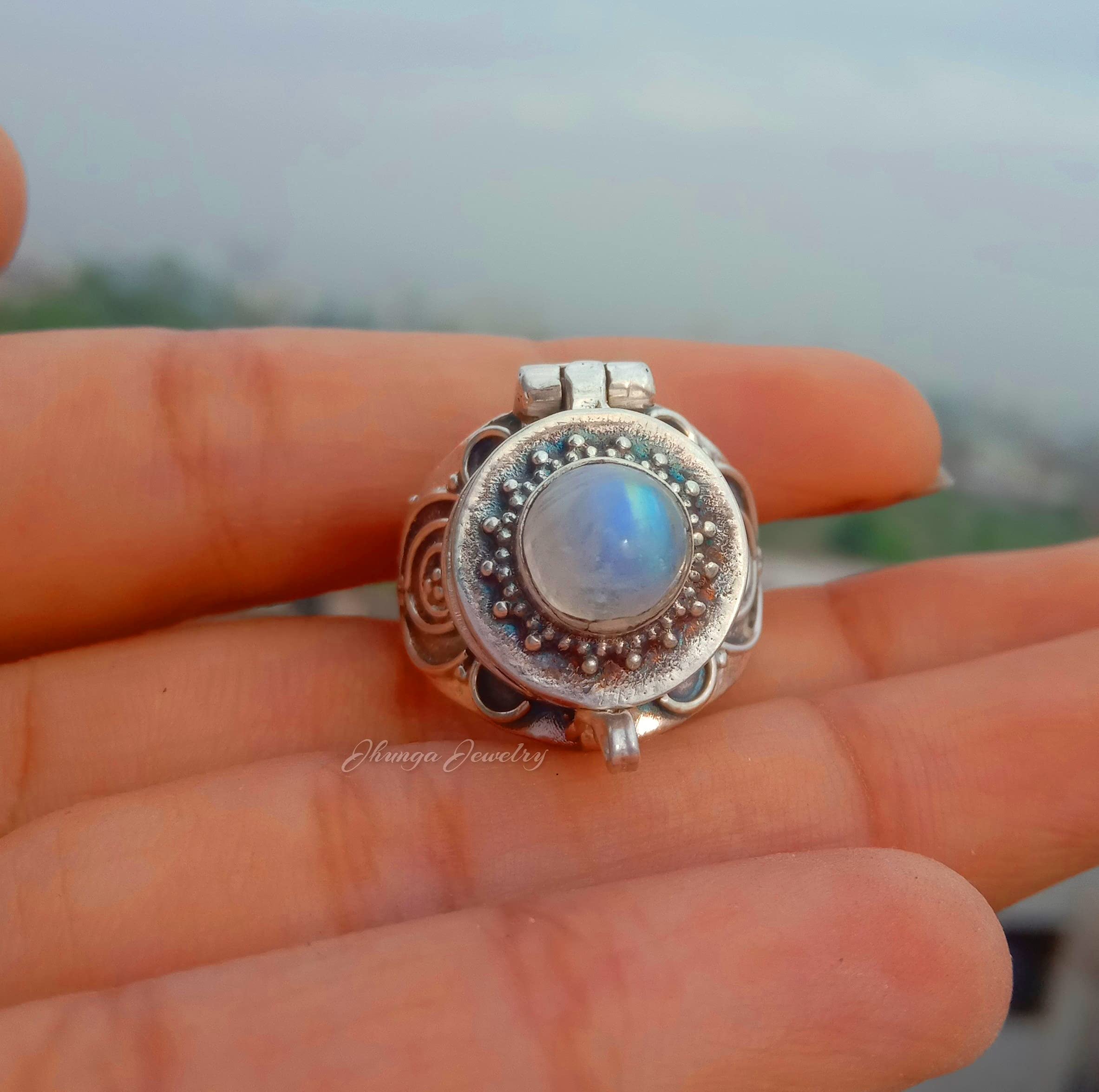 Handmade 925 Sterling Silver Rainbow Moonstone Poison Ring - Secret Box Ring with Peridot Gemstone, Openable Medicine & Pill Box Ring | Perfect for Gothic Fashion, Cosplay, and Unique Gift Giving
