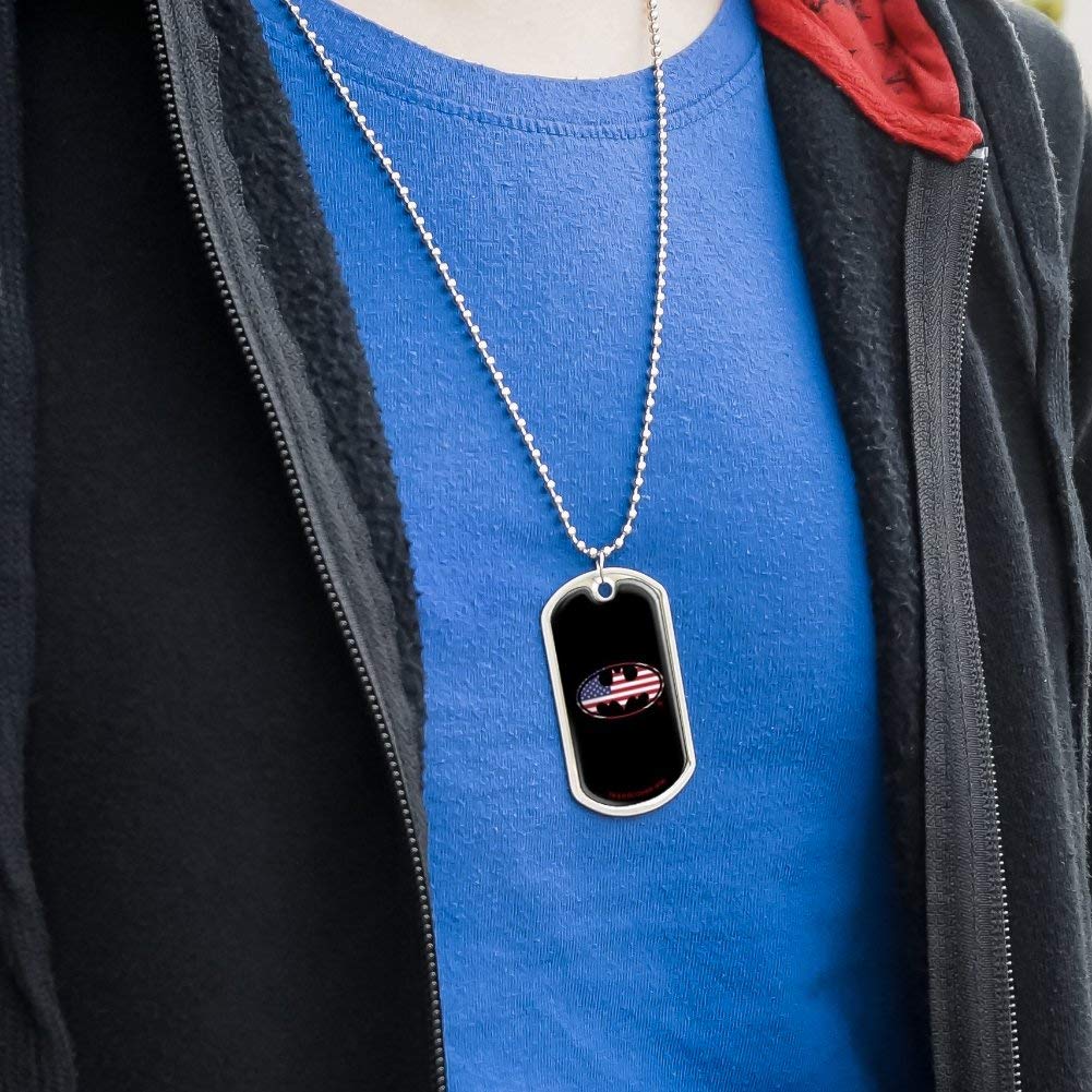 Batman USA American Flag Shield Logo Military Dog Tag Pendant Necklace with Chain - Patriotic Superhero Jewelry for Men & Women - Perfect for Cosplay, Gift Giving & Comic Conventions