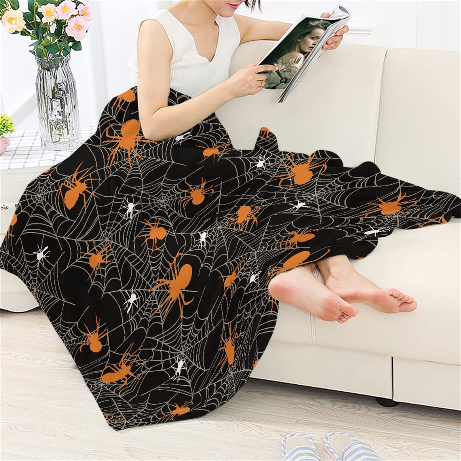 Spider Web Halloween Blanket for Adults & Kids - Soft Flannel Throw for Couch, Bed, Sofa - Cozy Warm Blanket for Fall & Winter - Perfect for Movie Nights, Camping, and Holiday Decor