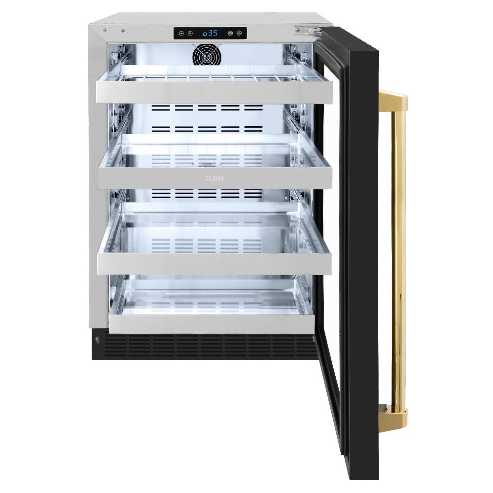 ZLINE Autograph Edition 24 Inch Touchstone Dual Zone 44 Bottle Wine Cooler - Black Matte Glass Door with Polished Gold Handle - Perfect for Home Bars, Wine Cellars & Entertaining Spaces (RWDOZ BLM 24 G)