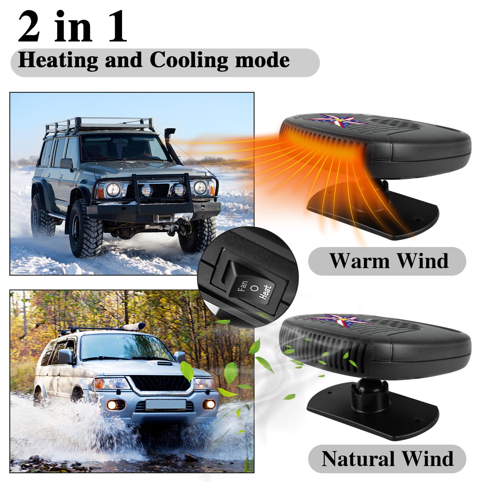 Fast Heating & Cooling Car Fan - Portable 12V Defroster & Defogger for Windshield, Truck & RV Interior Heater with Cigarette Lighter Plug - Perfect for Winter Driving and Quick Defrosting