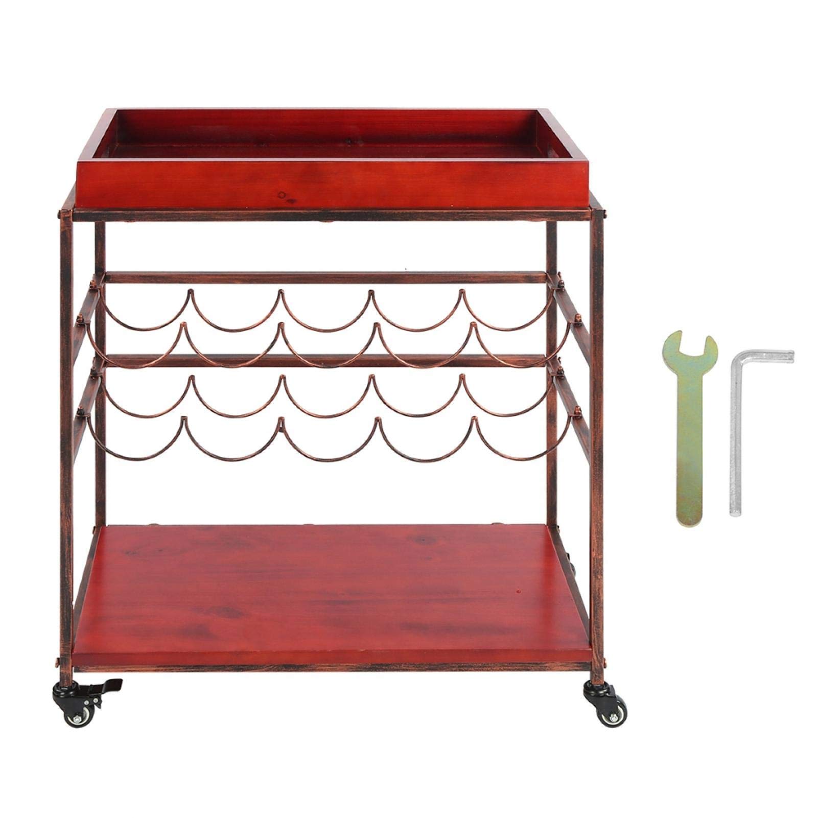 Tyenaza Wood & Metal Bar Serving Cart with Wine Rack & Glass Holder - Kitchen & Home Accessories for Dining Room, Patio, and Party Serving