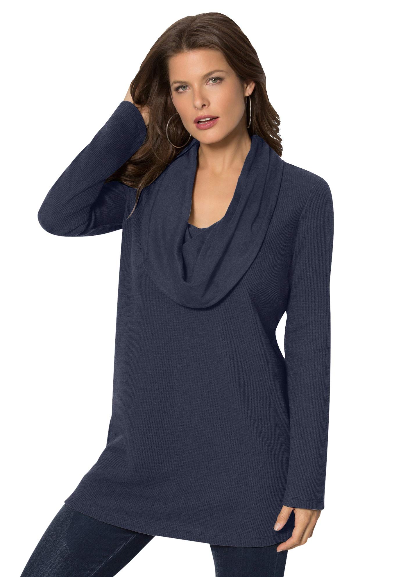 Roaman's Women's Plus Size Cowl-Neck Thermal Waffle Tunic Top - Long Sleeve Warm Winter Shirt for Casual Wear & Layering | Plus Size Fashion for Curvy Women