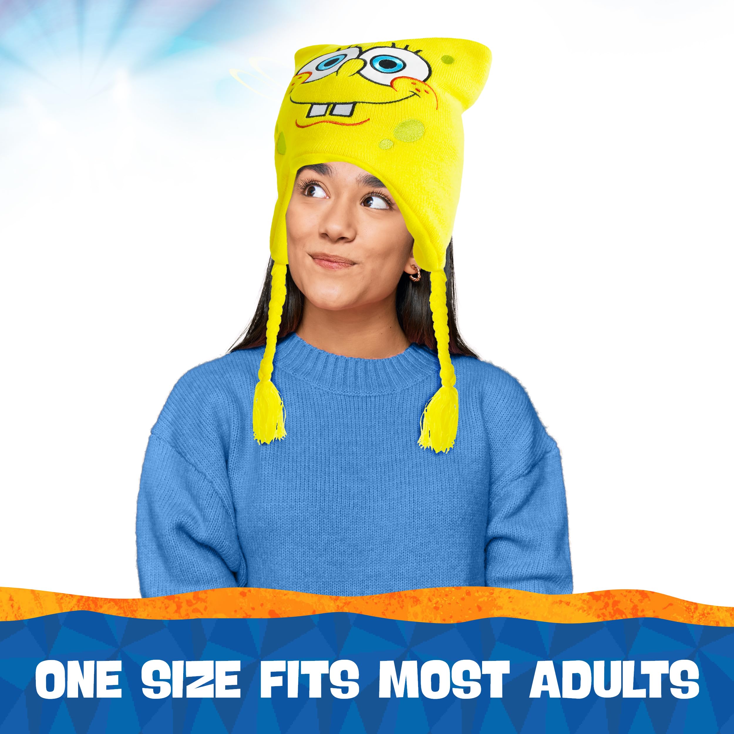 Spongebob Squarepants Beanie Hat - Peruvian Winter Knit Cap with Braided Tassels - Warm Cartoon Character Beanie for Kids & Adults - Perfect for Winter Sports, Cosplay, and Gift Giving
