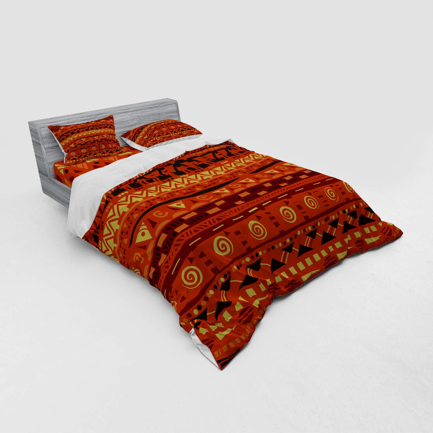 Ambesonne Tribal Duvet Cover Set - Queen Size 4-Piece Bedding with 2 Pillow Shams & Fitted Sheet, Antique Folkloric Geometric Pattern in Orange & Yellow | Bohemian Bedroom Decor, Guest Room Upgrade, Cozy Home Textiles