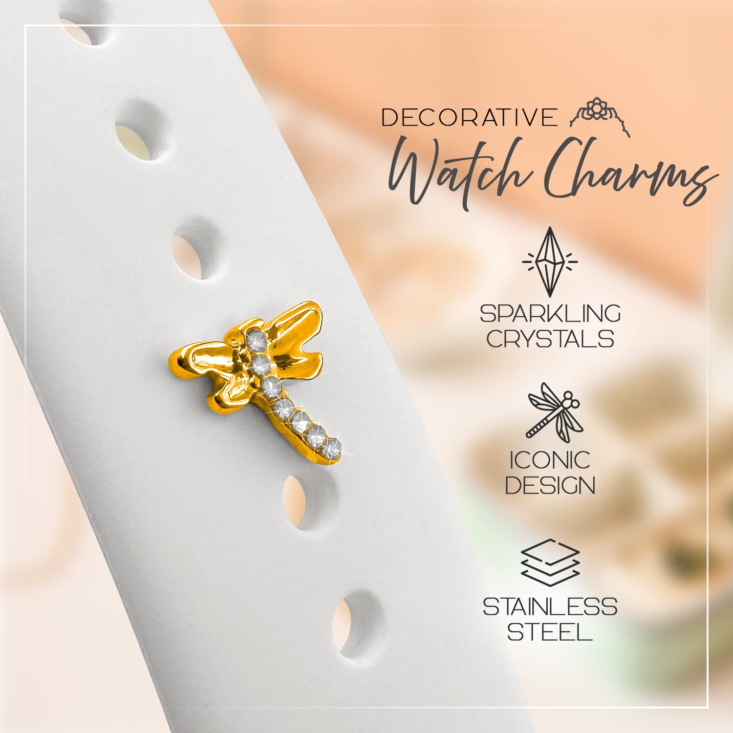 Stainless Steel Water Resistant Watch Band Charms - Sparkling Decorative Jewelry Accessories for Apple Watch, Fitbit Versa & Smart Watches (Pin-Based, Band Not Included) - Perfect for Daily Wear, Workouts & Special Occasions