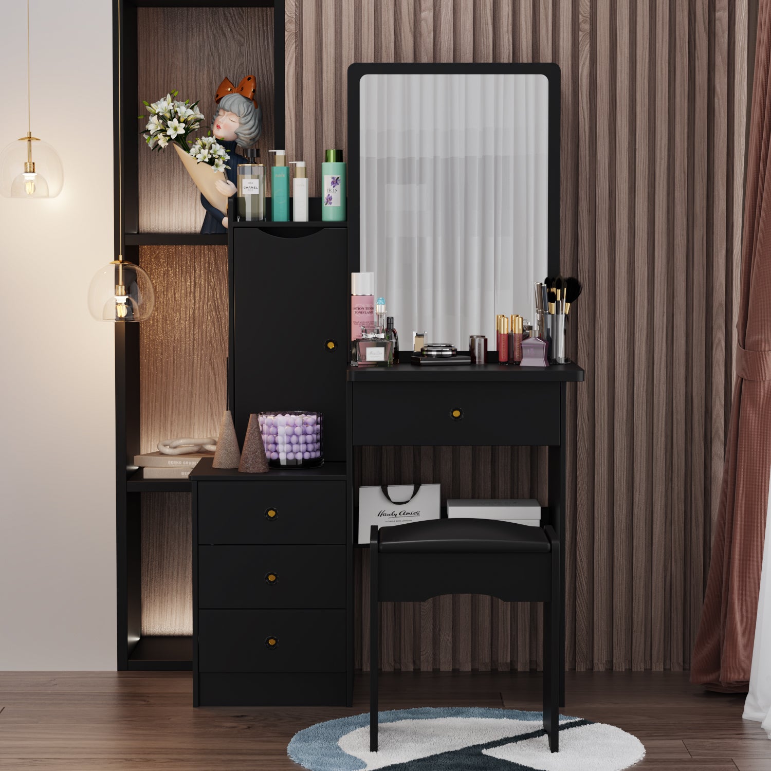 Vanity Set with Sliding Mirror, 4 Drawers & Shelves - Includes Cushioned Stool for Makeup & Dressing Room Organization - Perfect for Bedroom, Bathroom & Beauty Salon Decor