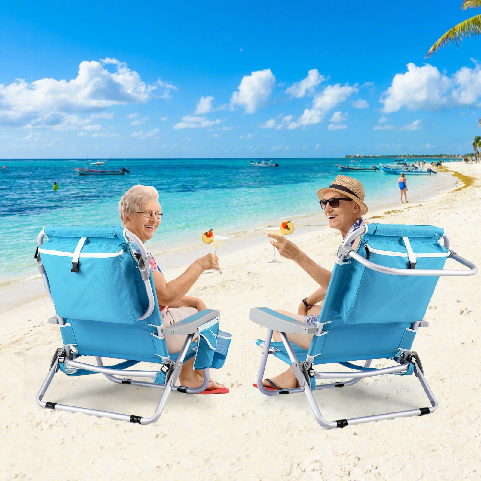 Goplus 2 Pack Heavy Duty Folding Beach Chairs for Adults - 330lbs Capacity, 5-Position Adjustable Backpack Chairs with Storage Pockets, Towel Bar & Headrest - Portable Aluminum Frame Lay Flat Camping Chairs for Beach, Poolside, Backyard, Picnic & Outdoor Relaxation
