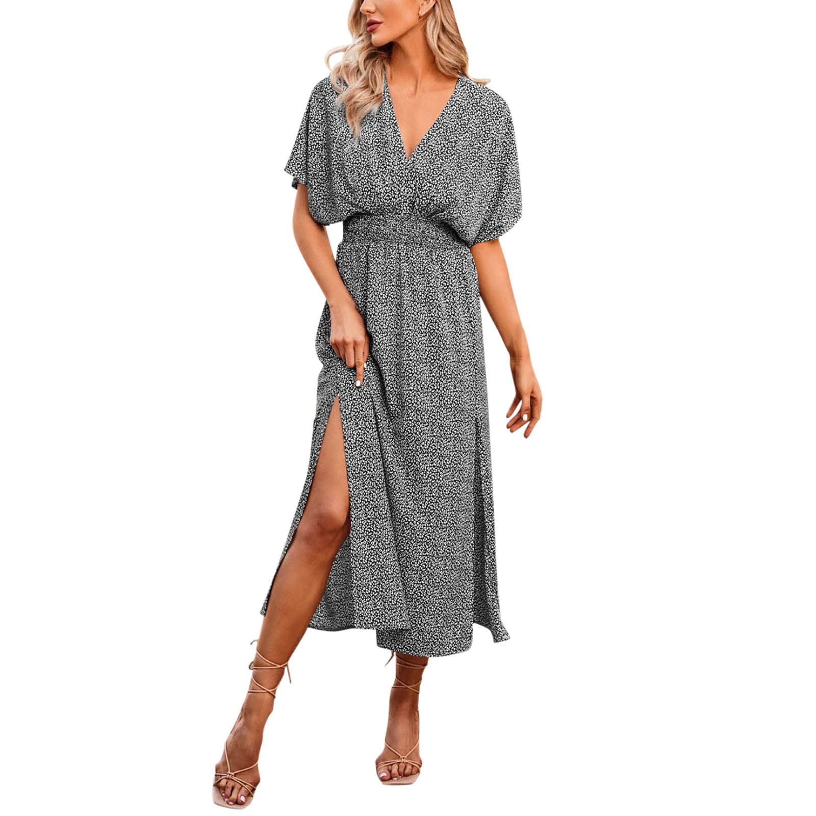 Women's Summer Bohemian Floral Casual V-Neck Short Sleeve High Waist A-Line Maxi Dress - Perfect for Beach Vacations, Garden Parties & Date Nights