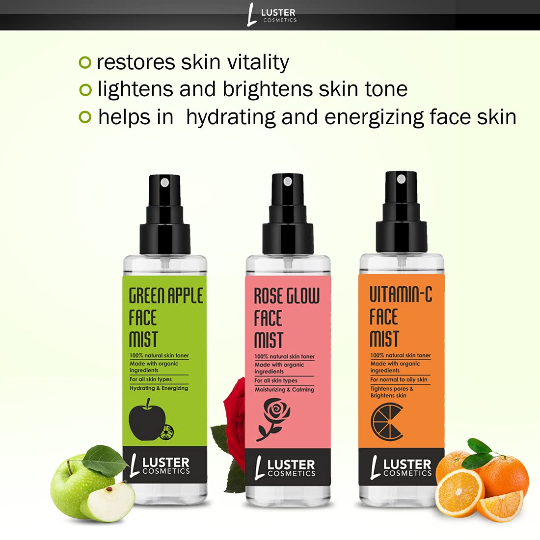 Luster Cosmetics Green Apple & Rose Glow Vitamin C Face Mist - Hydrating Skin Toner for Women & Men | Natural Ingredients, Paraben & Sulfate Free | 115ml (Pack of 3) | Perfect for Daily Skincare Routine, Travel & Post-Workout Refresh