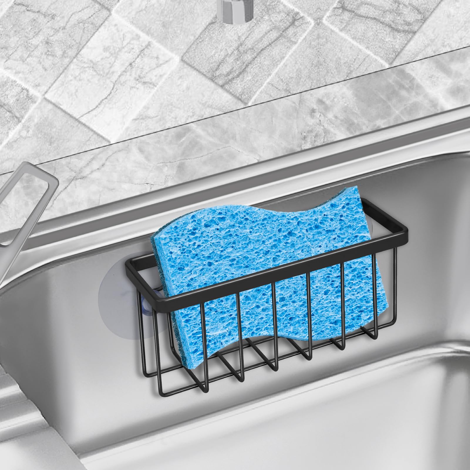 Sturdy Black Suction Sponge Holder for Kitchen & Bathroom Sink - Durable Sink Caddy Organizer for Sponges, Soap & Scrubbers - Perfect for Countertop Cleaning & Dishwashing Organization