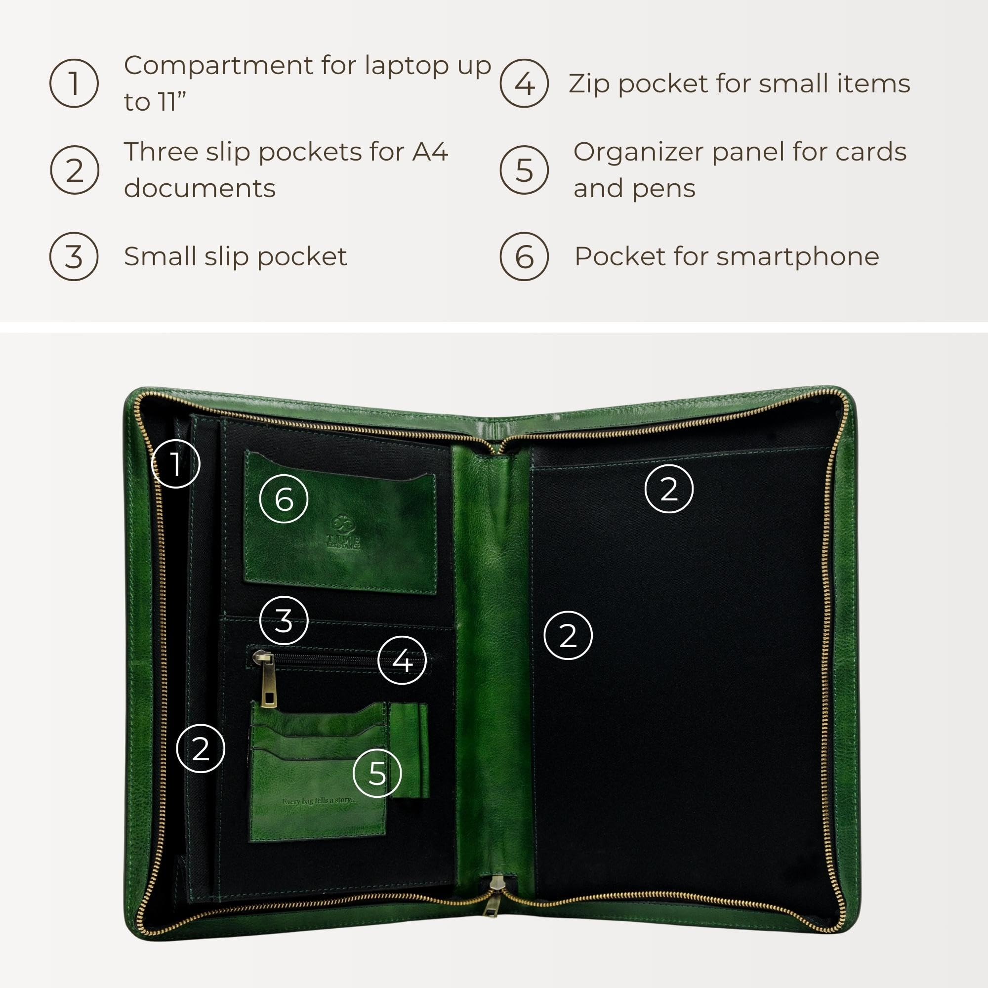 Premium Italian Handcrafted Leather Portfolio Organizer - A4 Document Folder with Time Resistance - Elegant Green Padfolio - Perfect for Business Meetings, Office Use & Professional Gifts (Includes Gift Box)