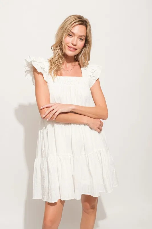 Elegant White Pleated Ruffled Sleeve Tiered Resort Dress for Women - Perfect for Beach Vacations, Summer Weddings & Tropical Getaways