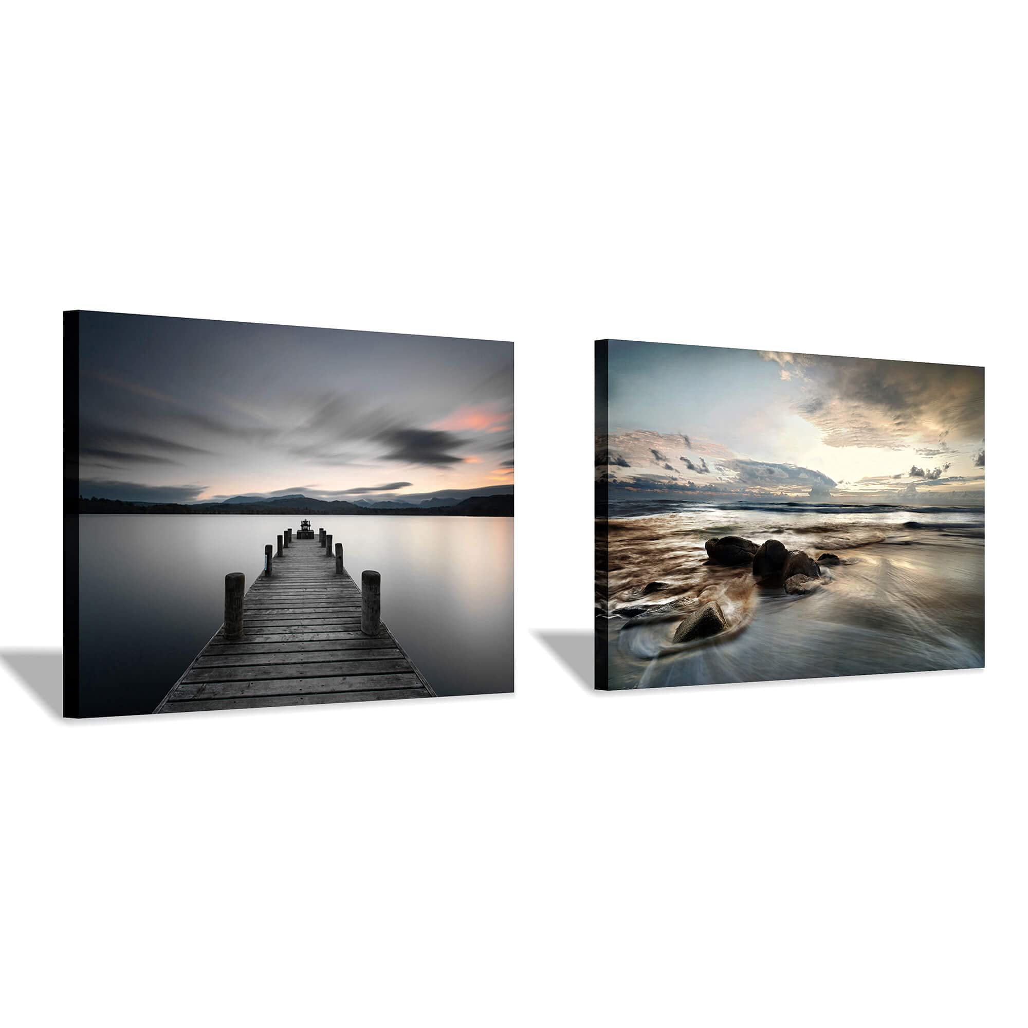 Coastal Pier and Beach Rocky Landscape Canvas Wall Art Set of 2 - Perfect for Living Room, Bedroom & Office Decor