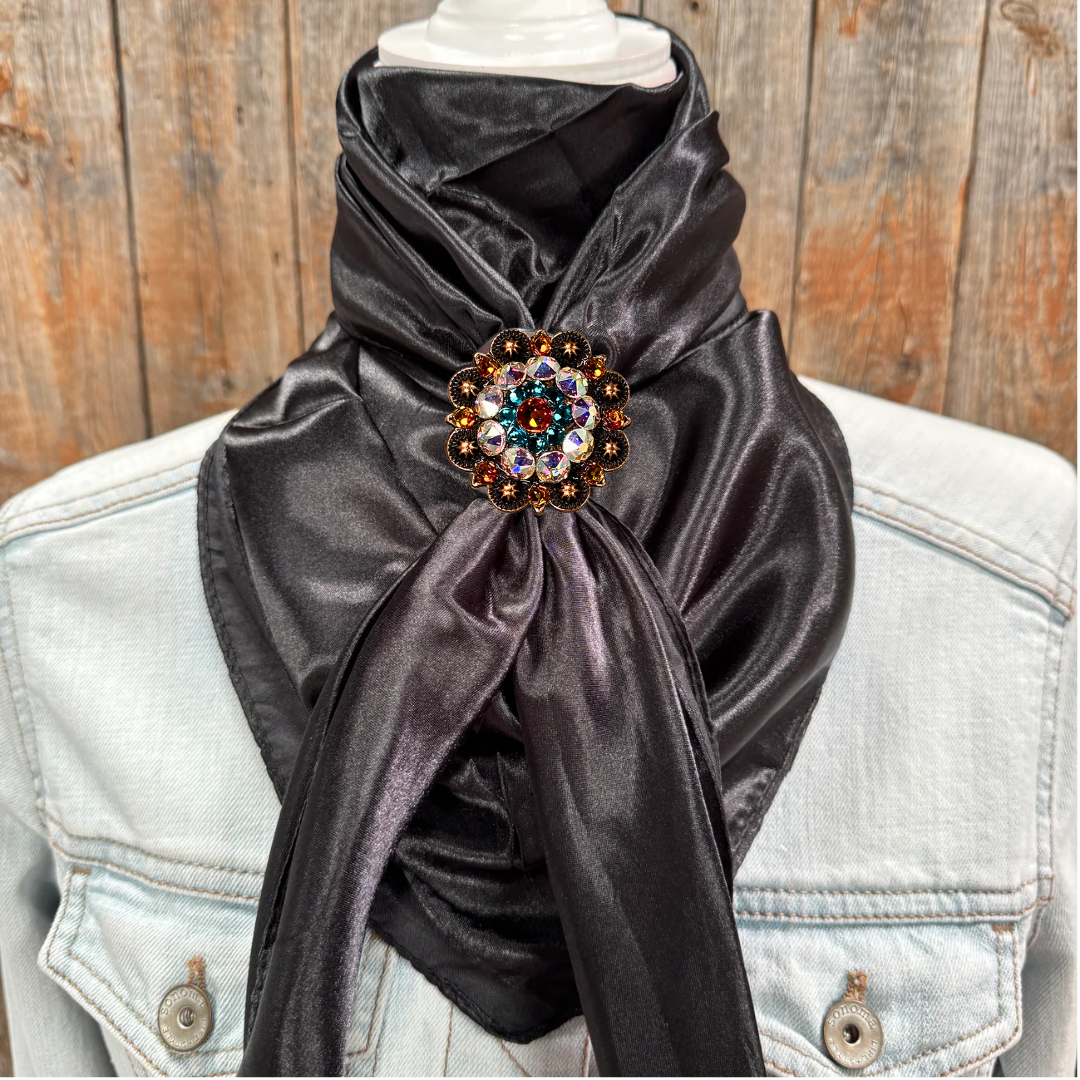 35x35 Solid Black Wild Rag Scarf with Crystal Concho Slides - Western Style Bandana for Cowboy, Cowgirl, Rodeo & Outdoor Activities (WRS4)