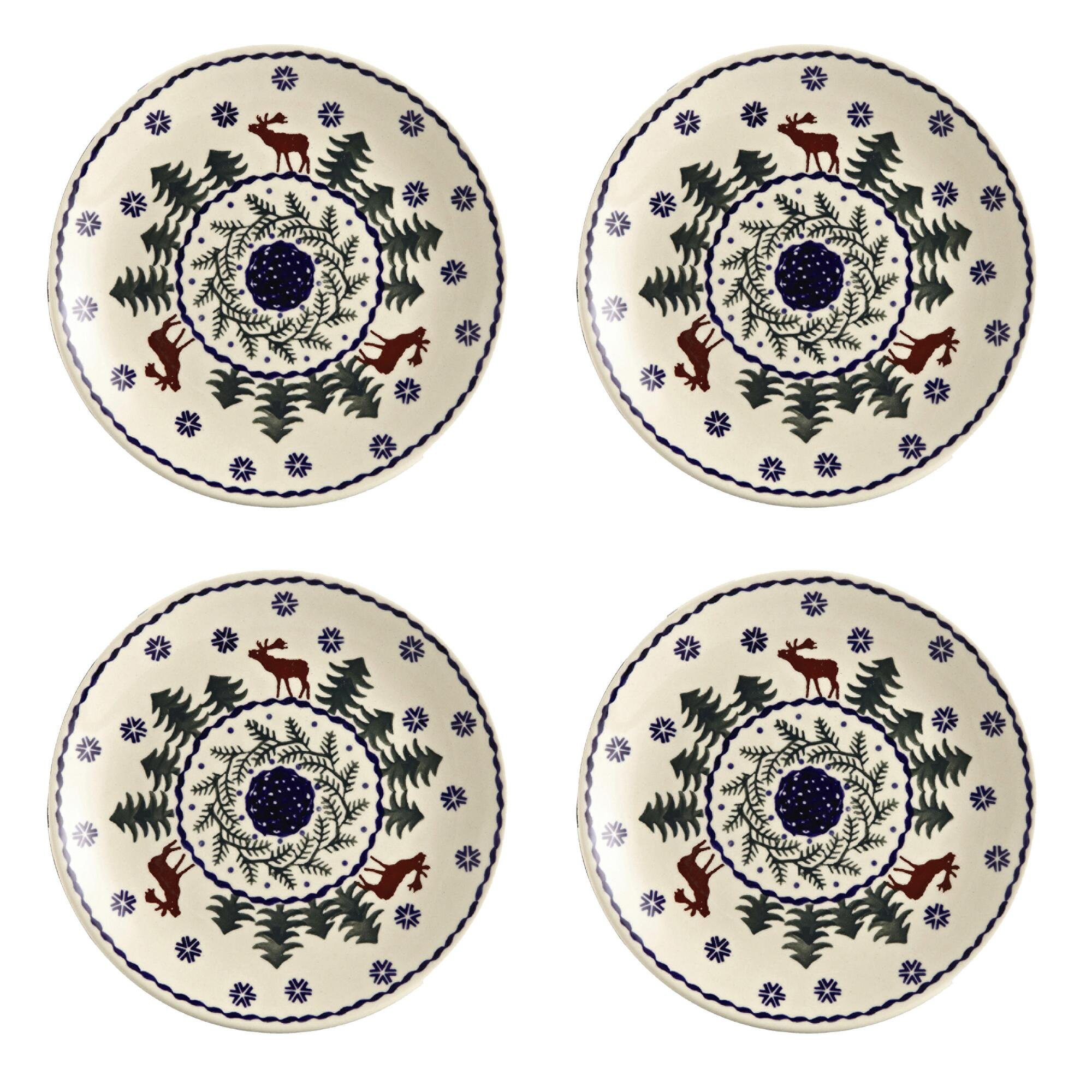 Handmade Polish Pottery Christmas Tree & Reindeer Salad Plates Set of 4 - Festive Holiday Dinnerware for Christmas Parties & Family Gatherings